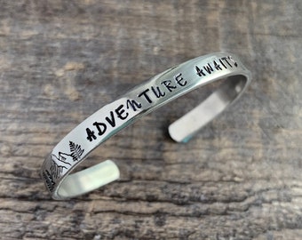 Adventure Awaits- Hand Stamped Cuff Bracelet- Aluminum, Copper, Brass, or Sterling Silver