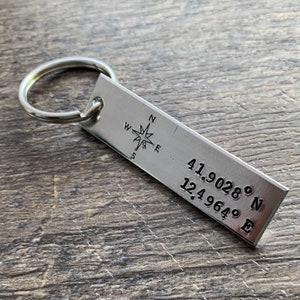 Custom Hand Stamped Latitude, Longitude Keychain with Compass Rose - Personalize with Your Own GPS Coordinates