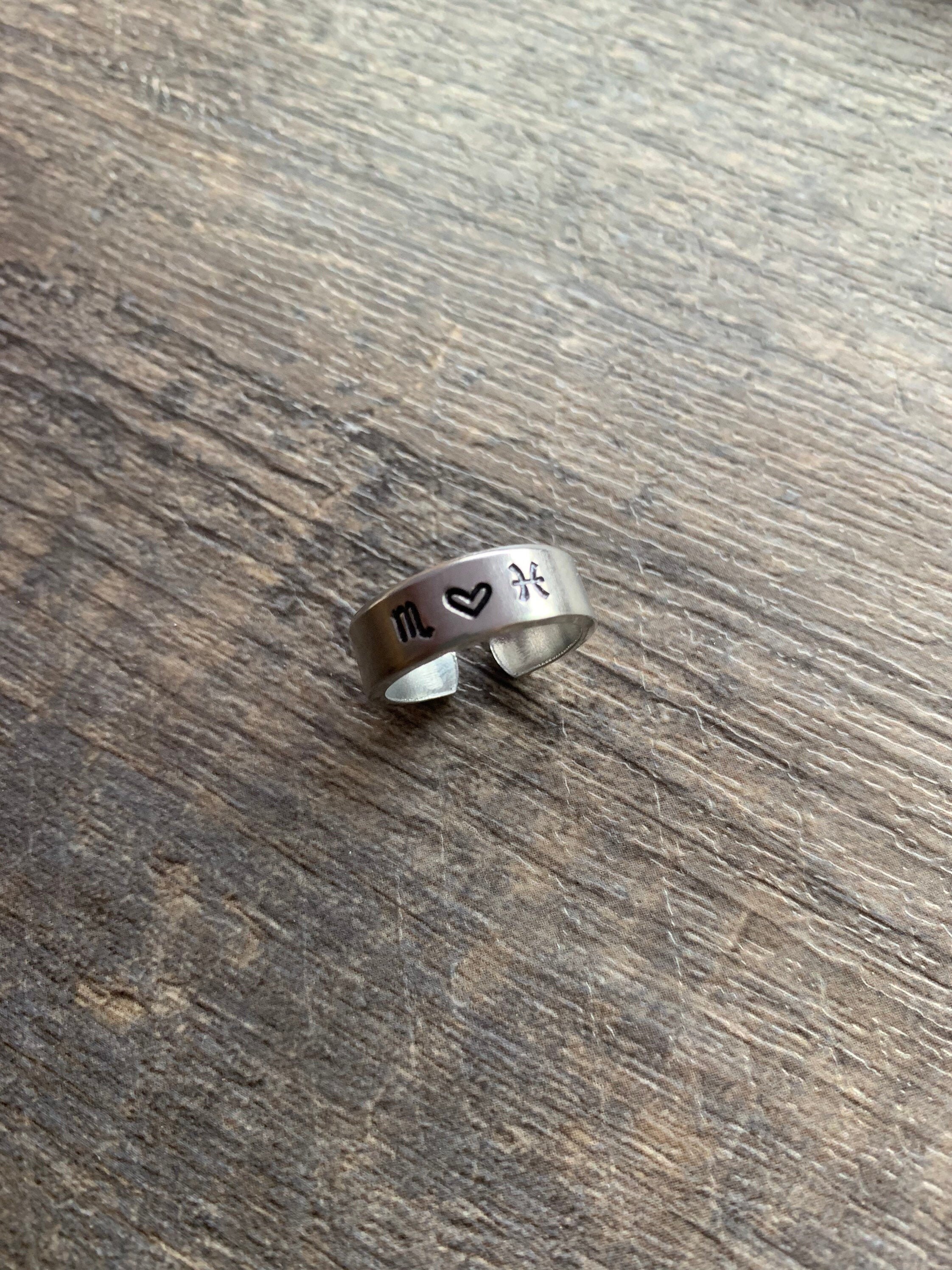 Zodiac Sign Couple Ring  Hand Stamped Ring- Capricorn Aquarius Pisces…