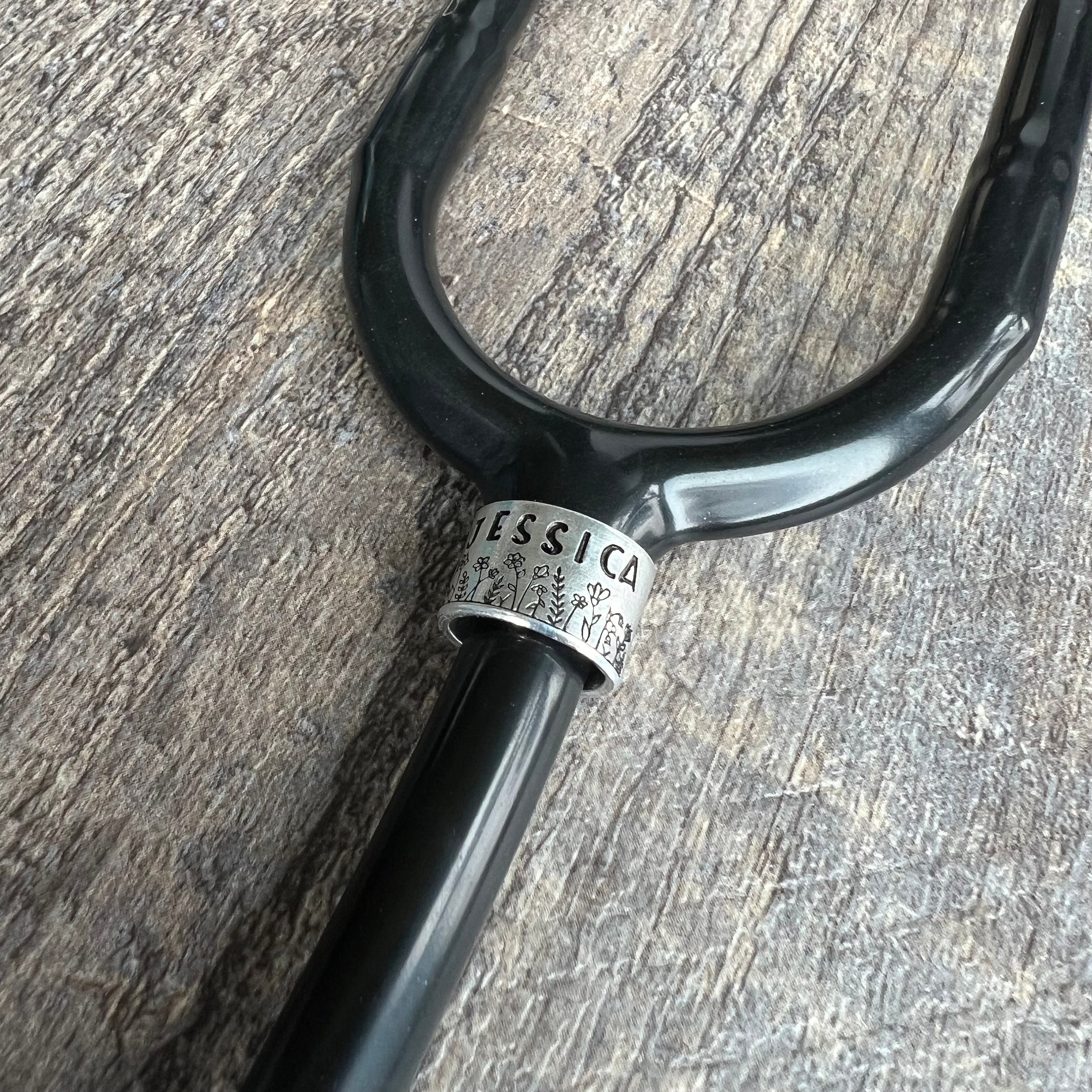 Hand Stamped Wild Flower Stethoscope ID Tag - Custom Name Nurse Gift, view 3