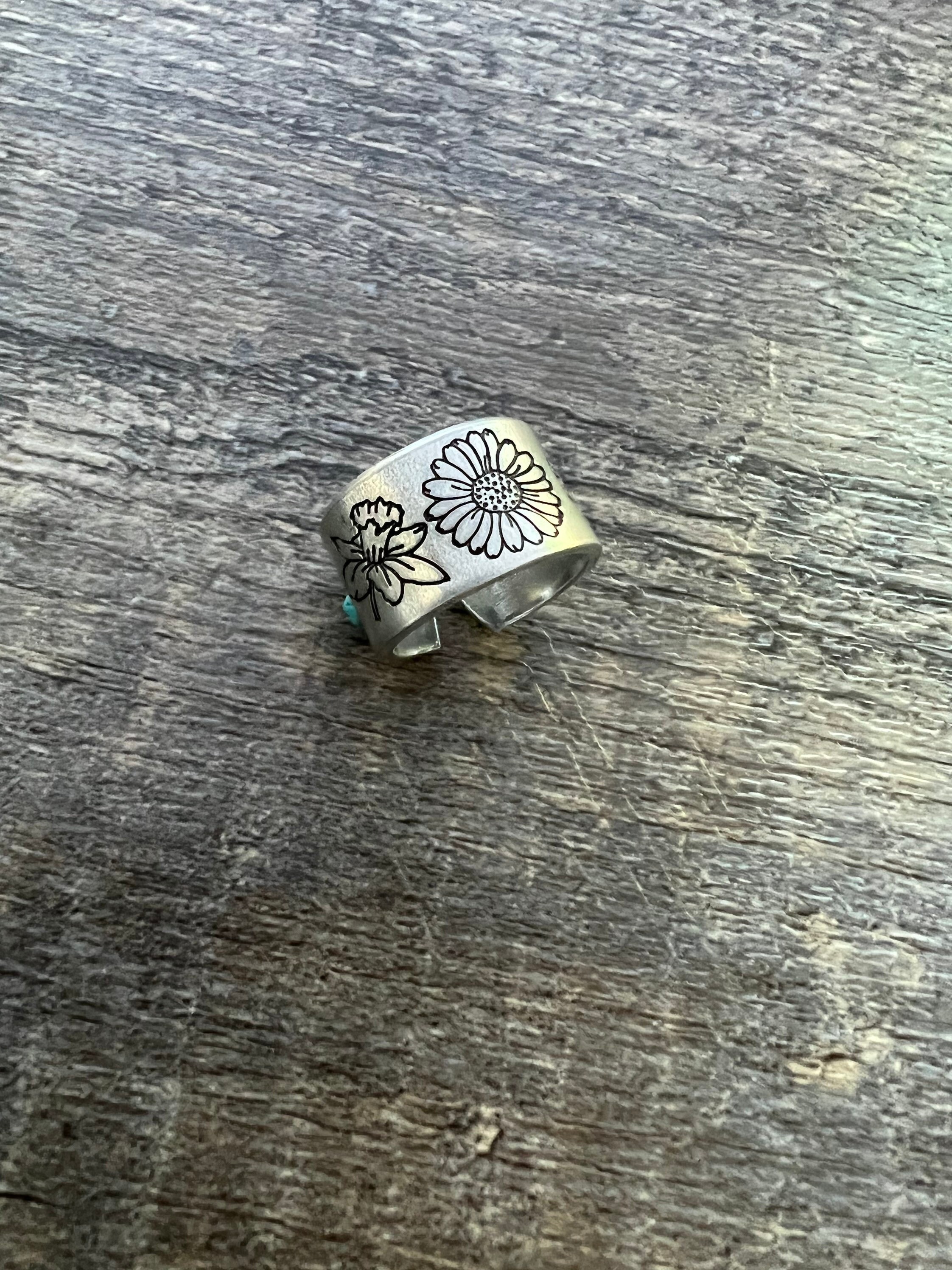 Children’s Birth Flower Hand Stamped Aluminum Ring- Gift for Mom, view 2