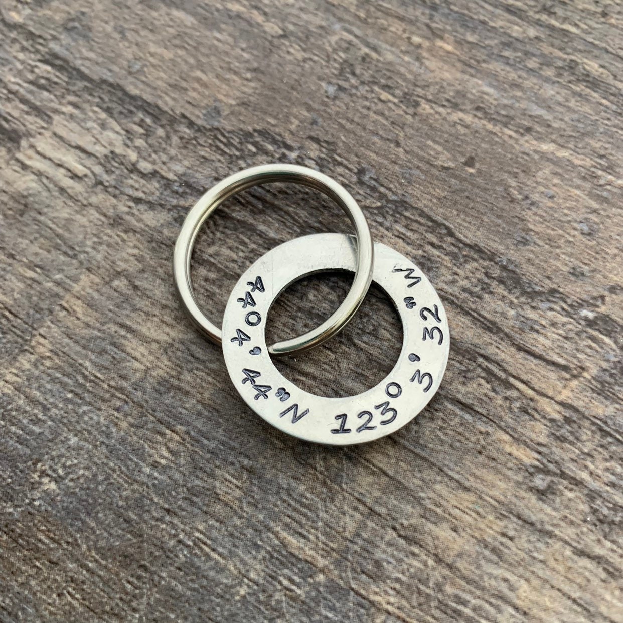 Hand Stamped Coordinates Keychain: Custom Copper, Aluminum, or Brass Washer