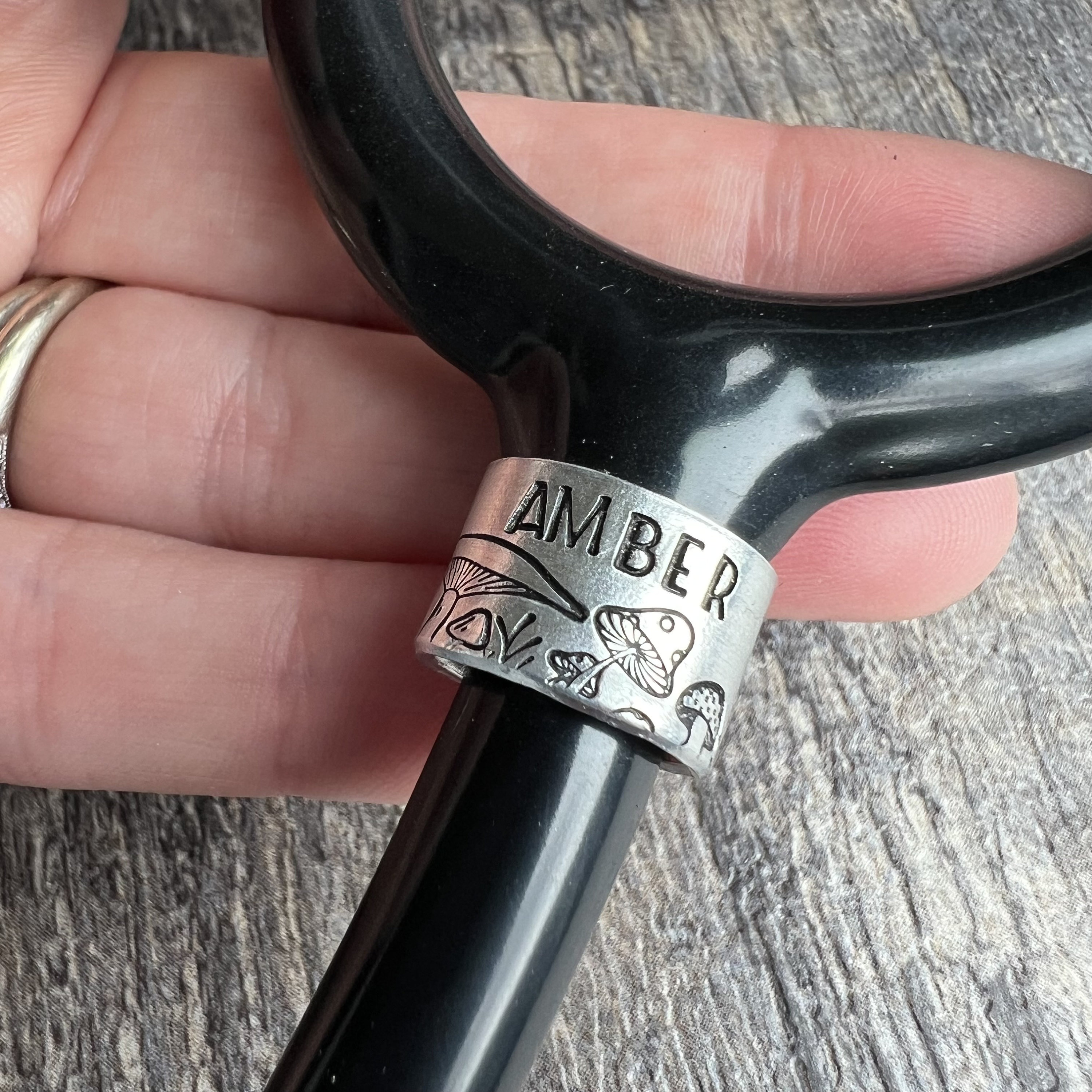 Mushroom Forest Stethoscope Tag: Custom Hand Stamped Aluminum Name Tag