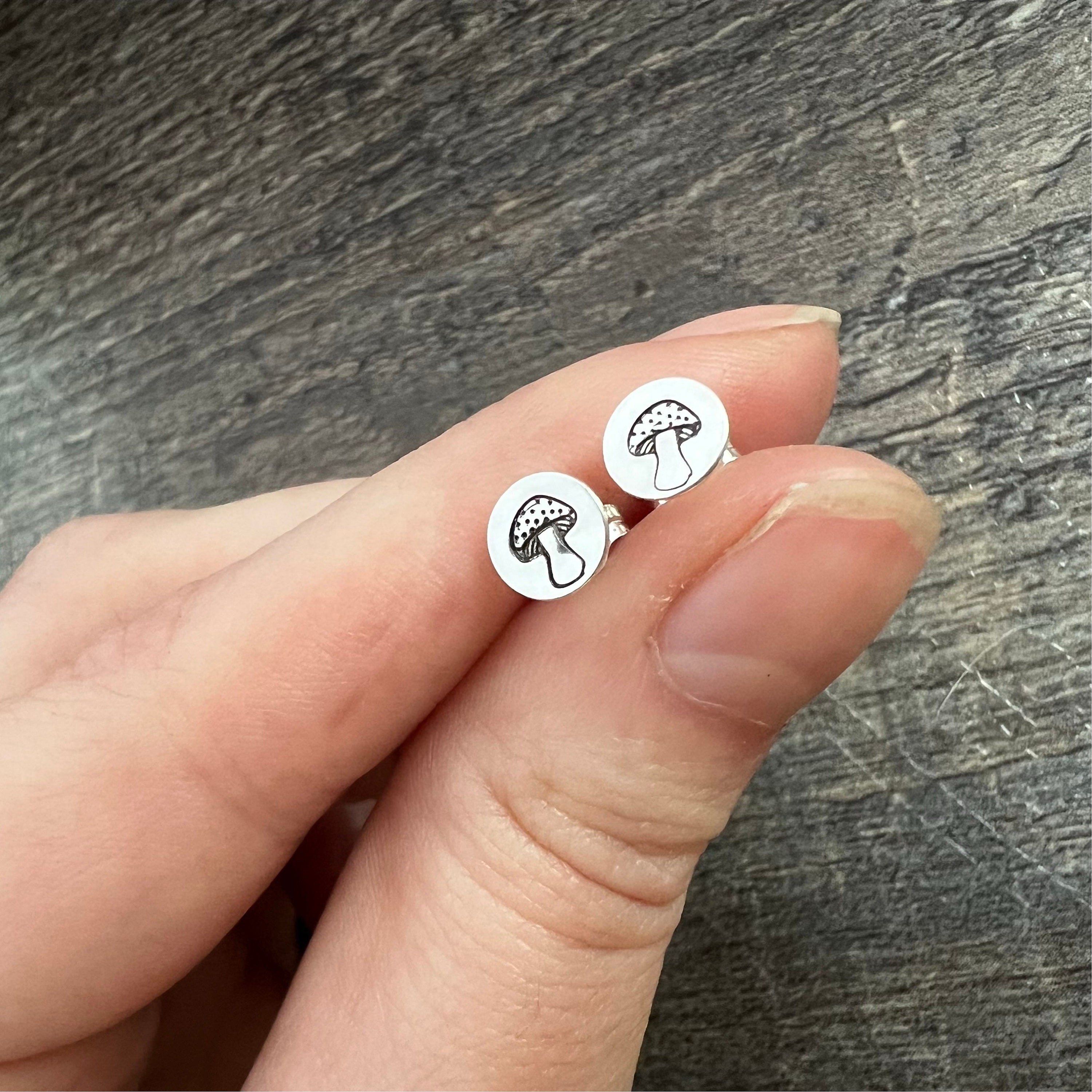 Sterling Silver Mushroom Stud Earrings - Hand Stamped Gift, view 3