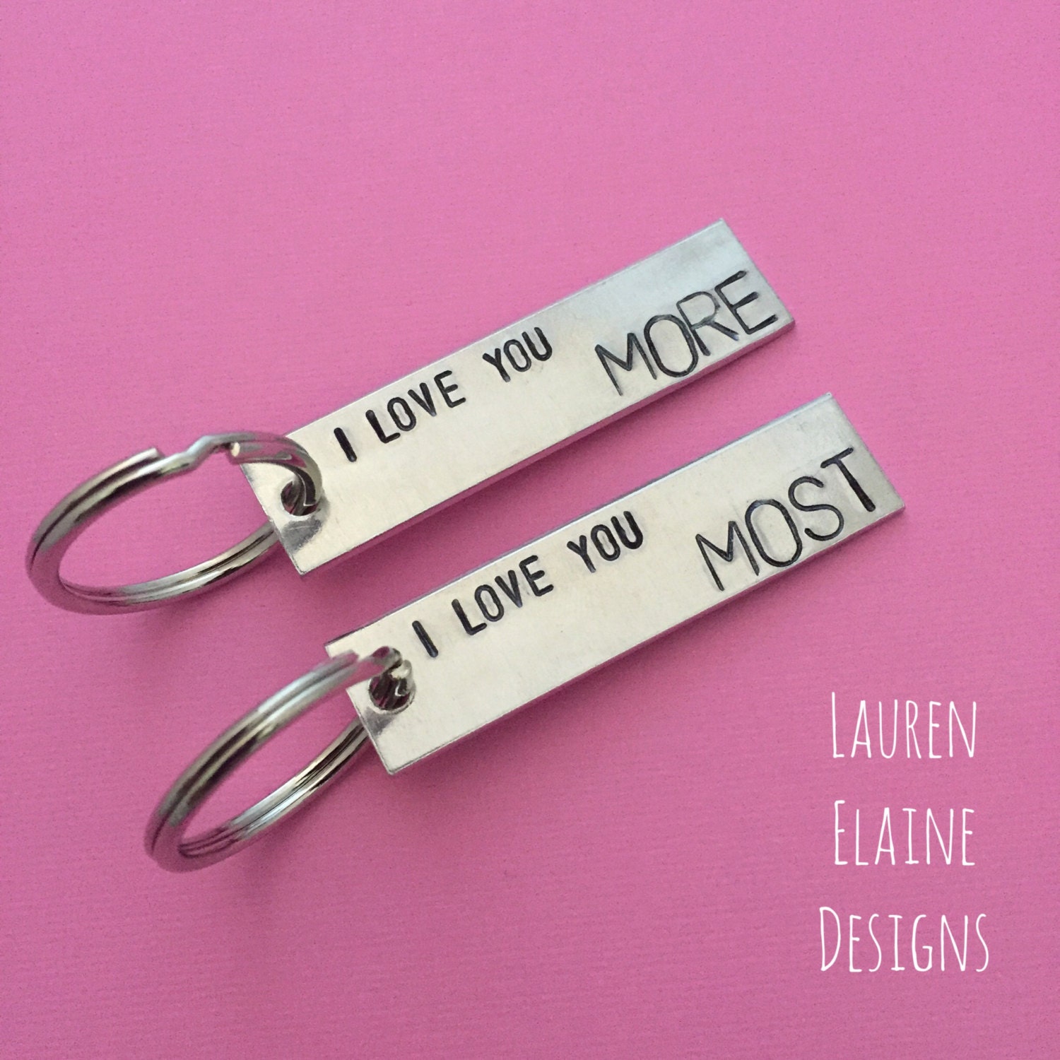 Hand Stamped Aluminum Keychain Set: I Love You More/Most, Couples Gift, view 2