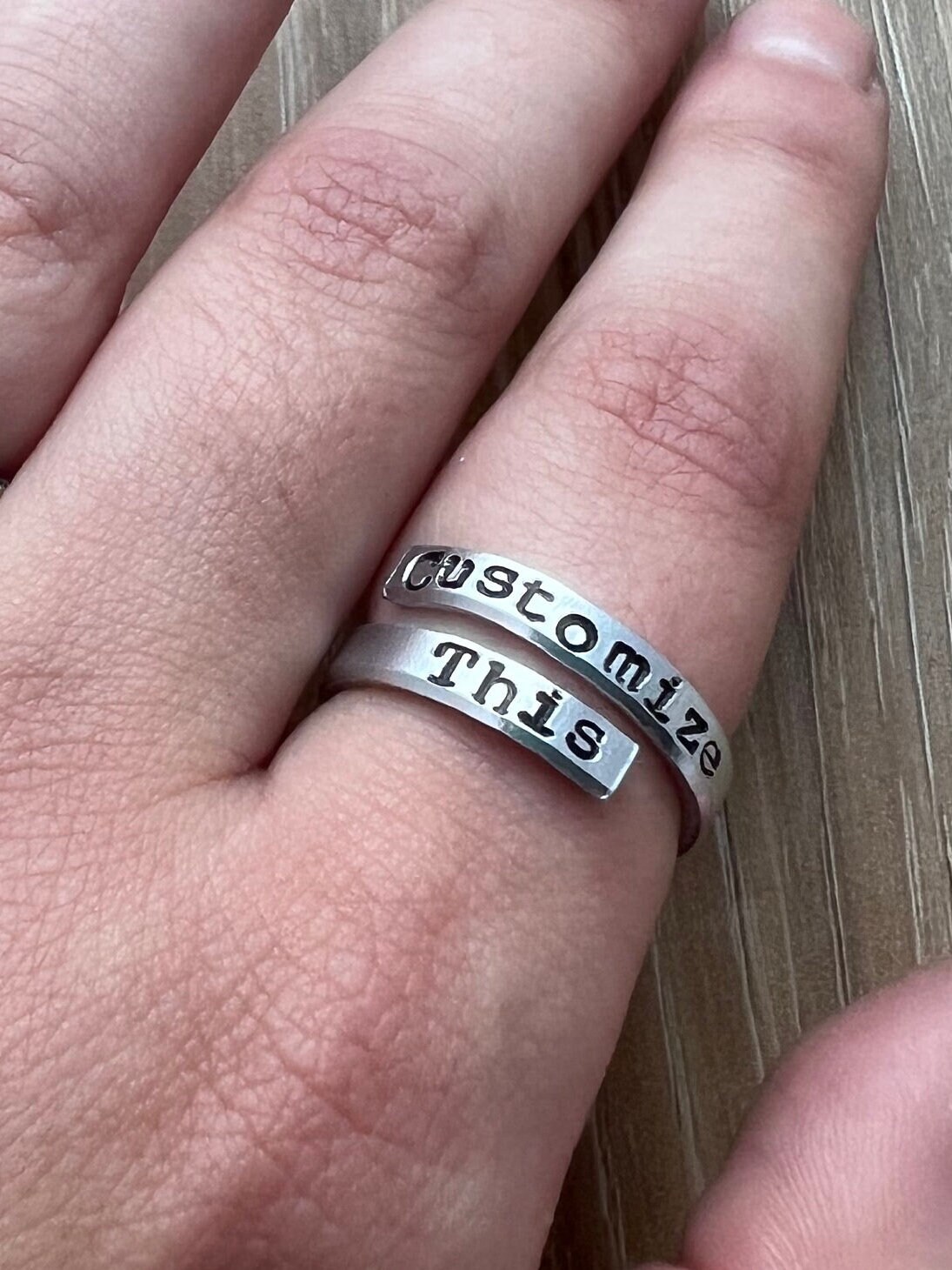 Custom Hand Stamped Aluminum Spiral Ring: Personalized Phrase, view 5