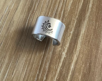 Moon and Star Ring- Hand Stamped Aluminum Ring