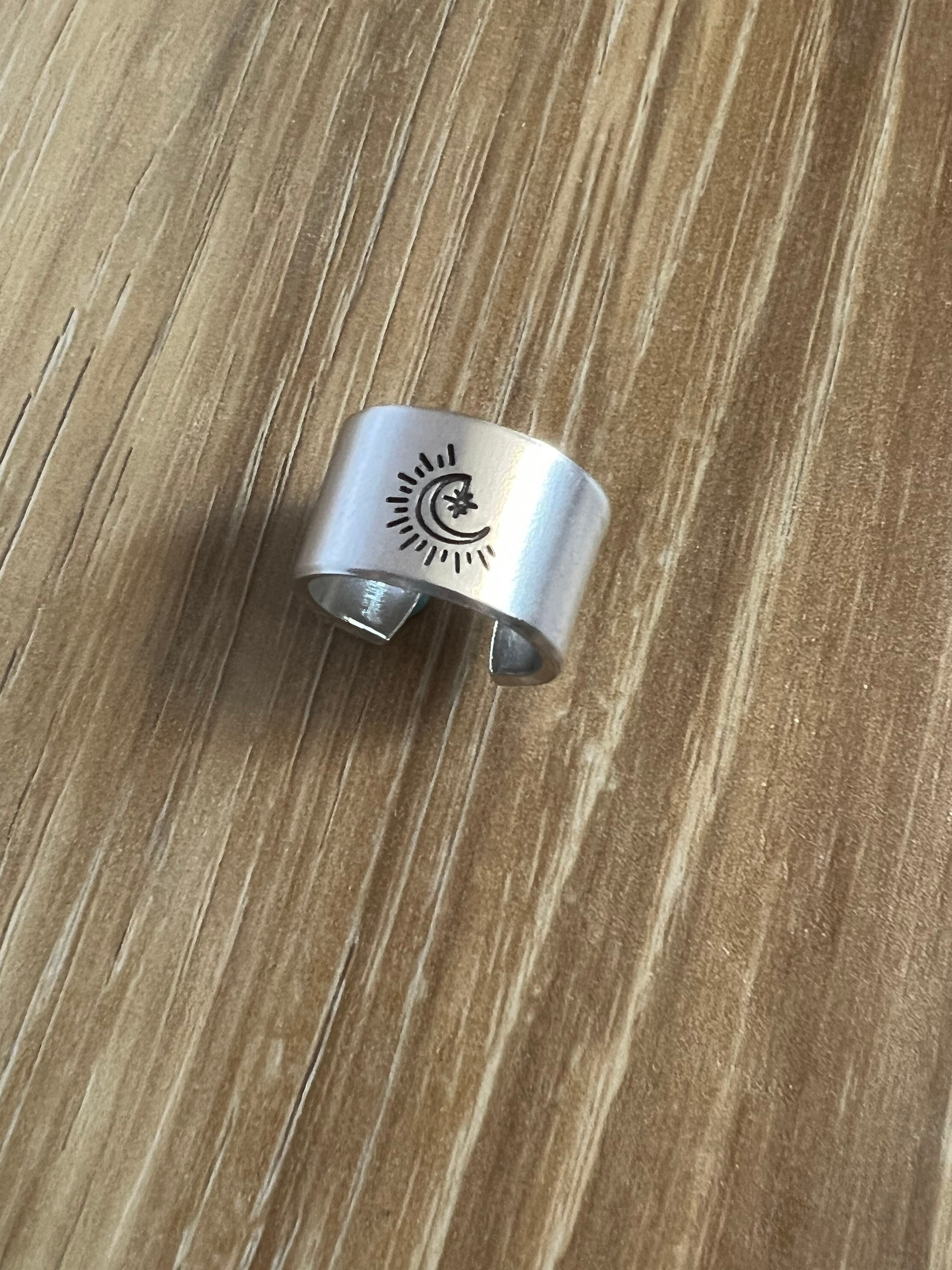 Moon and Star Ring- Hand Stamped Aluminum Ring