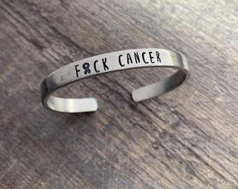 F Cancer with Awareness Ribbon- Hand Stamped Cuff Bracelet- You Choose the Font- In Aluminum, Copper, Brass, Sterling Silver