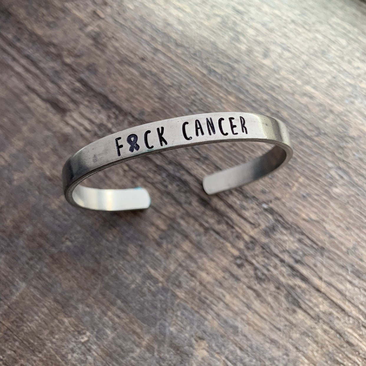 Hand Stamped Aluminum Cuff Bracelet: F Cancer Awareness Ribbon