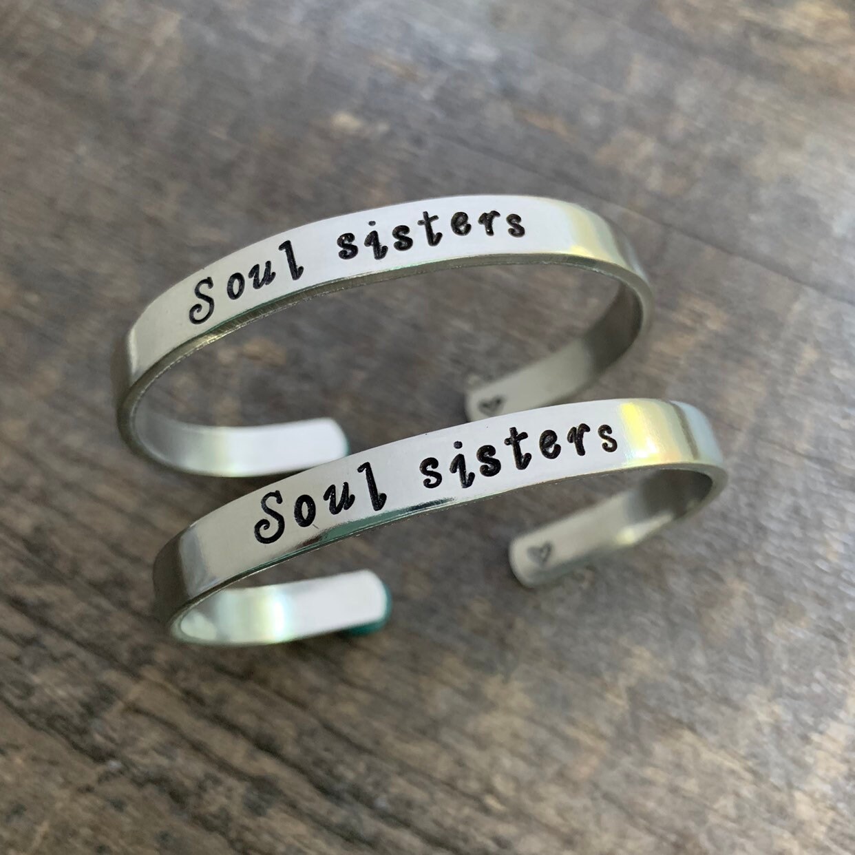 Soul Sisters -Hand Stamped Cuff Bracelets- Set of 2 Bracelets- In Aluminum, Copper, Brass, Sterling Silver- Best Friend, Sister, Bridesmaid