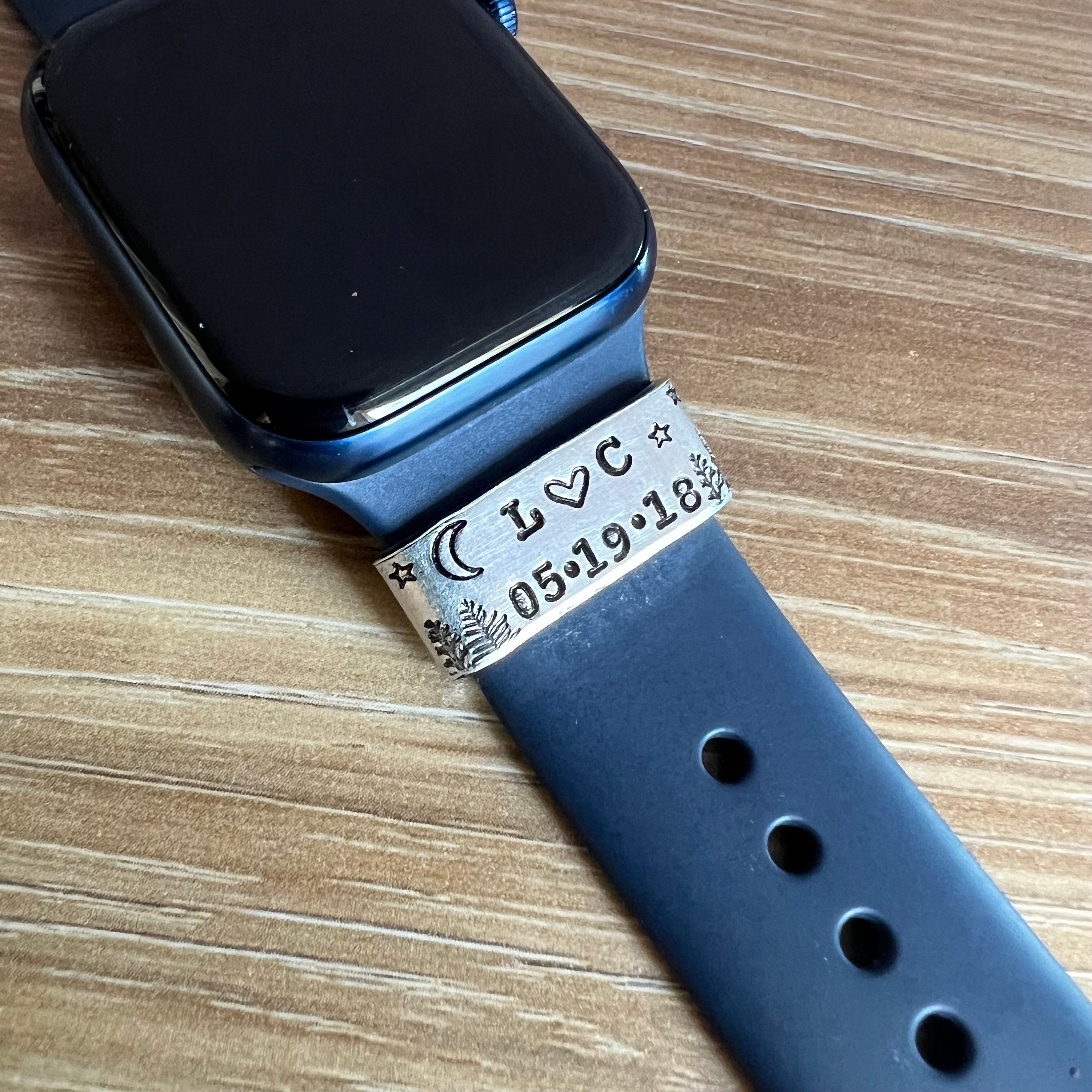 Custom Silver Watch Band Charm Tag -Personalized Hand Stamped Smart Watch Band Charm or Tag- Anniversary Gift, Gift for Her, Coordinates, view 2
