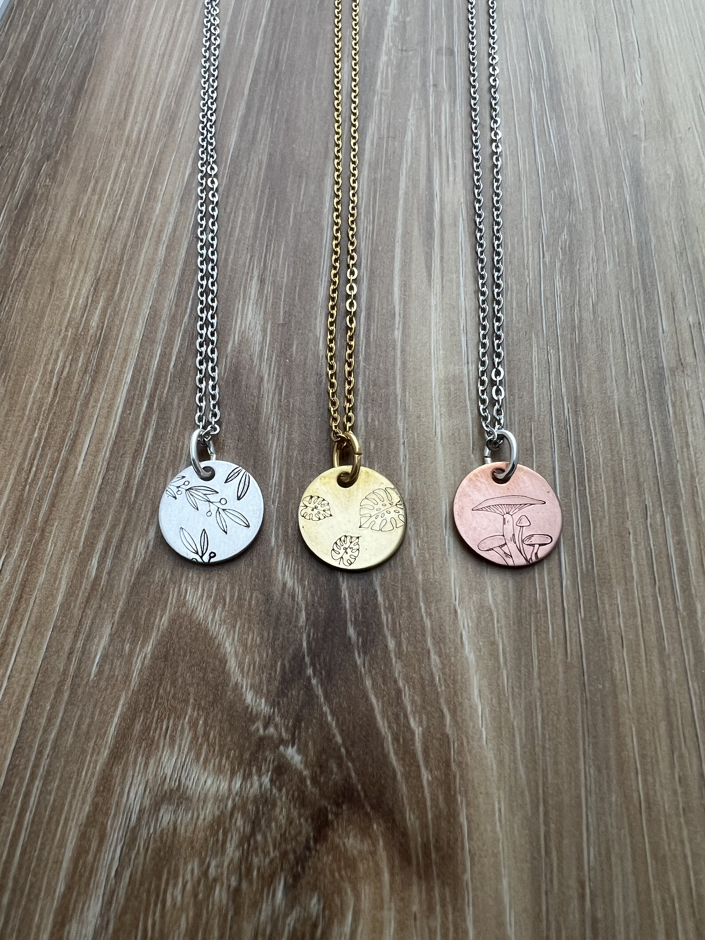 Hand Stamped Charm Necklace: Foliage, Mushroom, Monstera Leaf, view 5