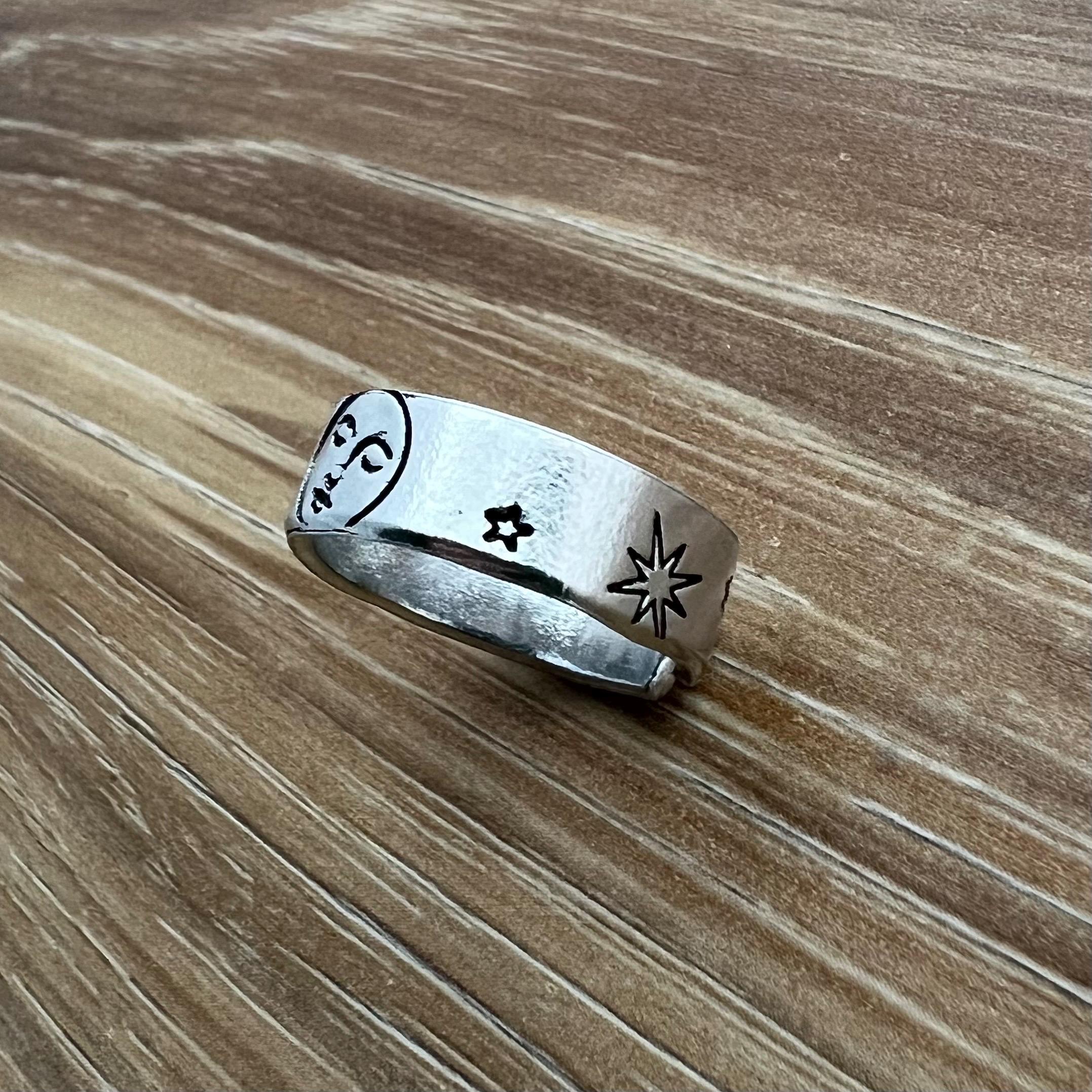 Sun and Moon Face Ring- Hand Stamped Aluminum Ring, view 5