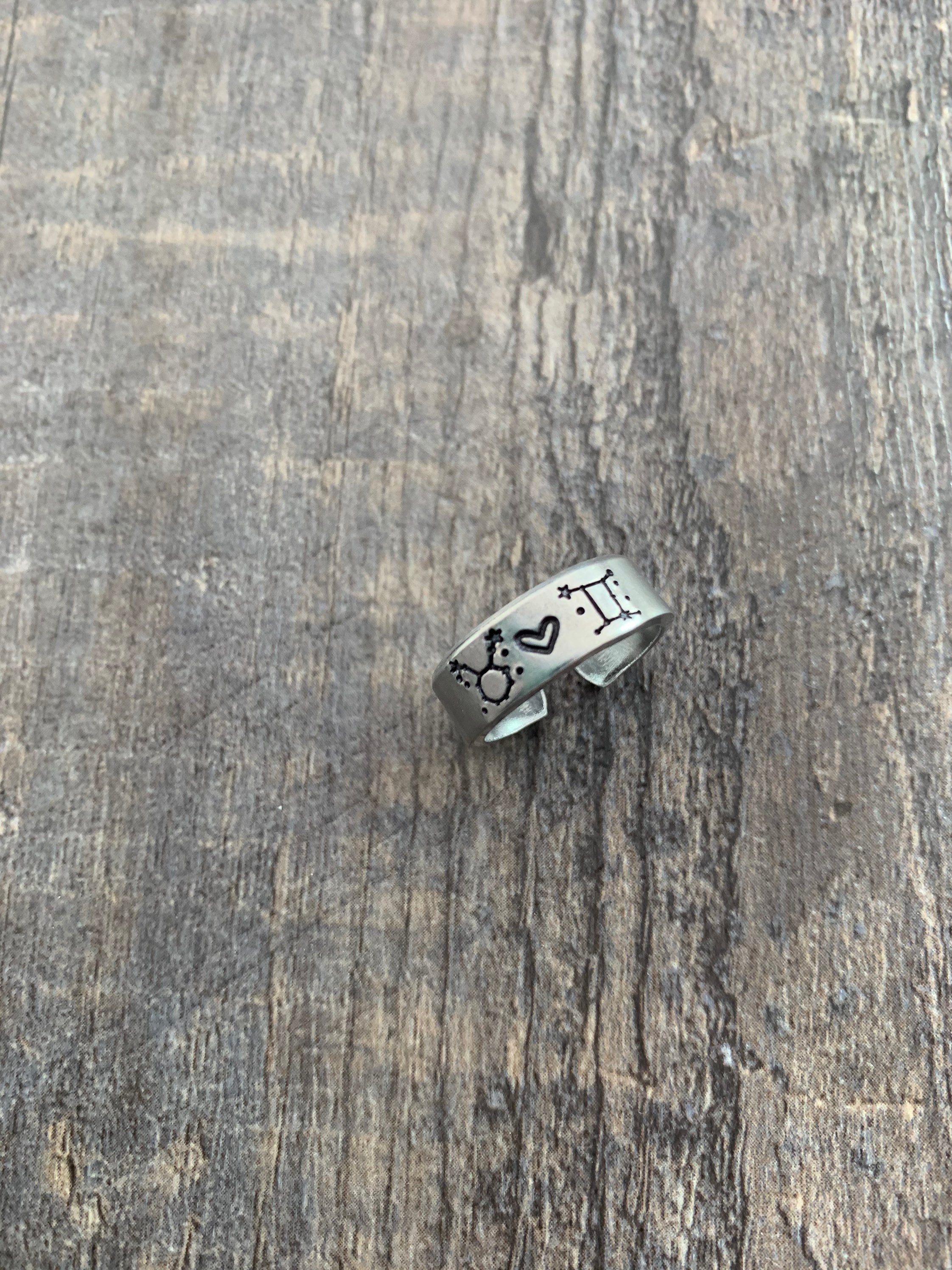 Zodiac Sign Couple Ring  Hand Stamped Ring- Capricorn Aquarius Pisces…