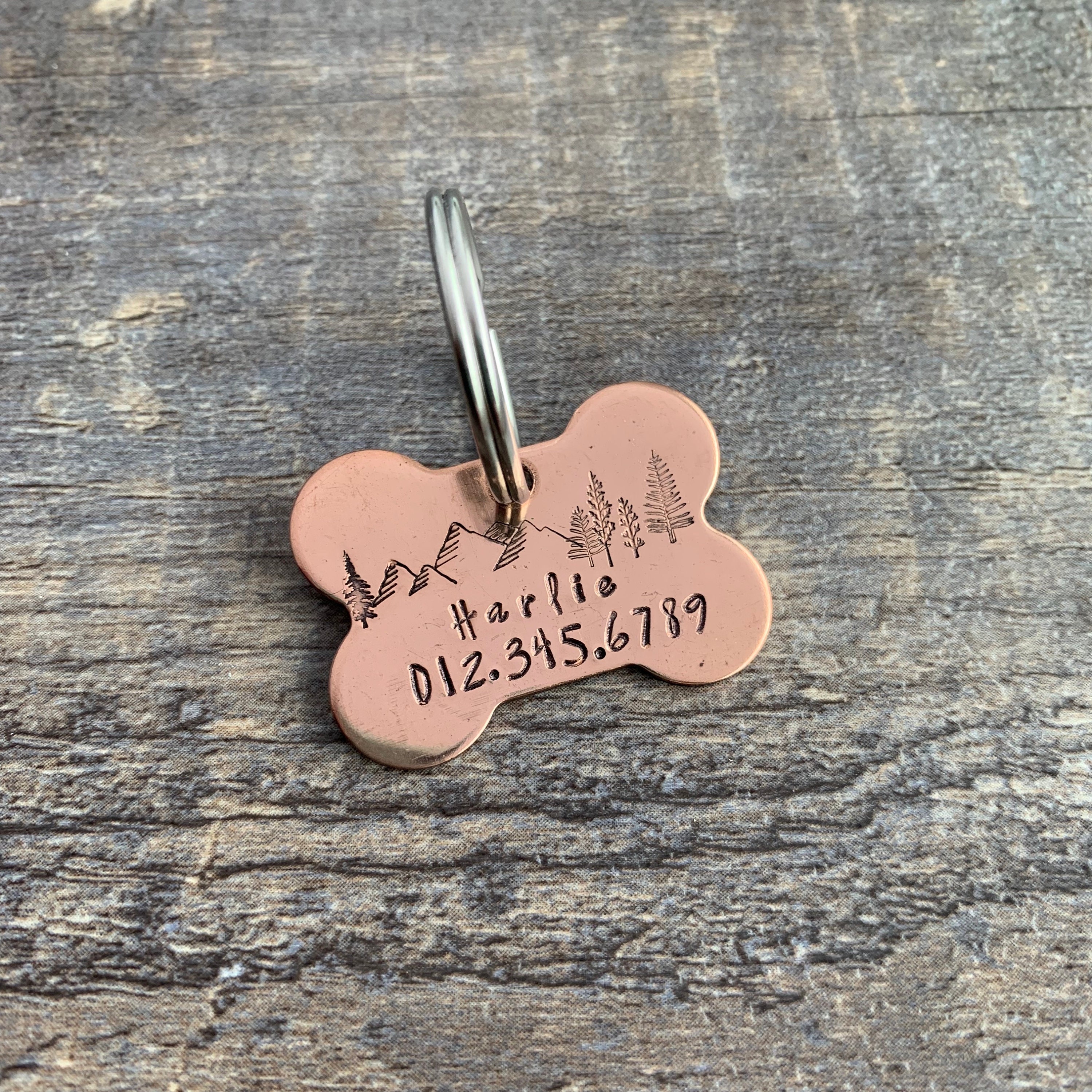 Custom Hand Stamped Mountain and Forest Copper Dog Bone Pet ID Tag, view 2