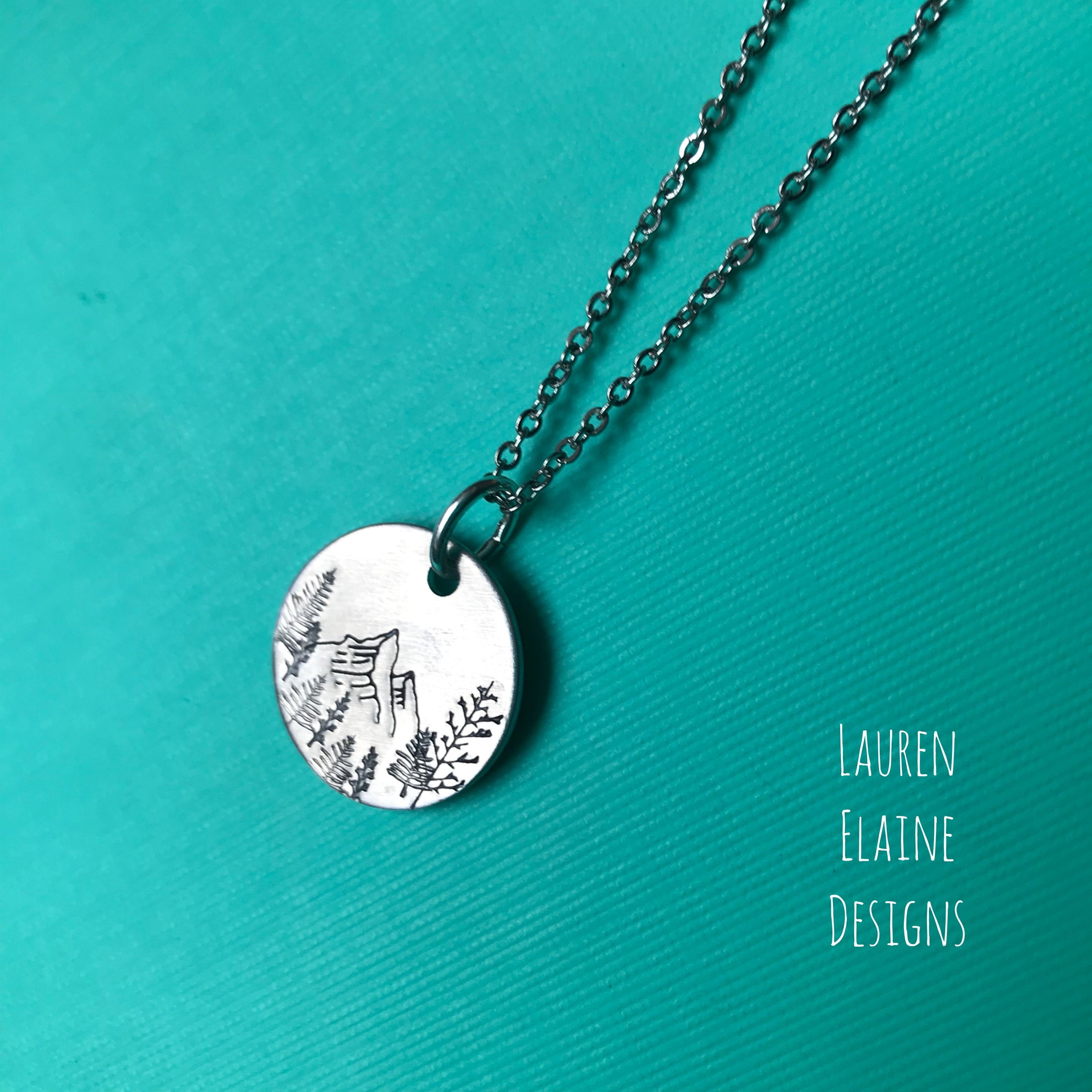 Mountain and Forest Necklace- Hand Stamped Aluminum, Copper, or Brass Charm Necklace, view 2