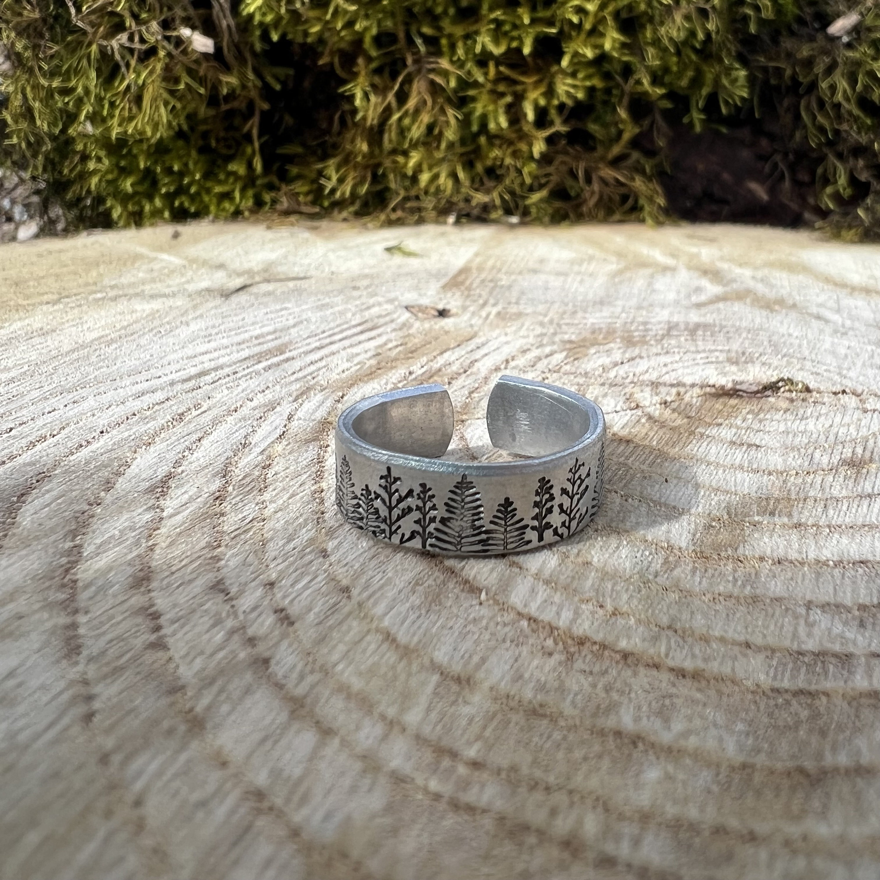 Pine Tree Forest Ring- Hand Stamped Aluminum Ring, view 4