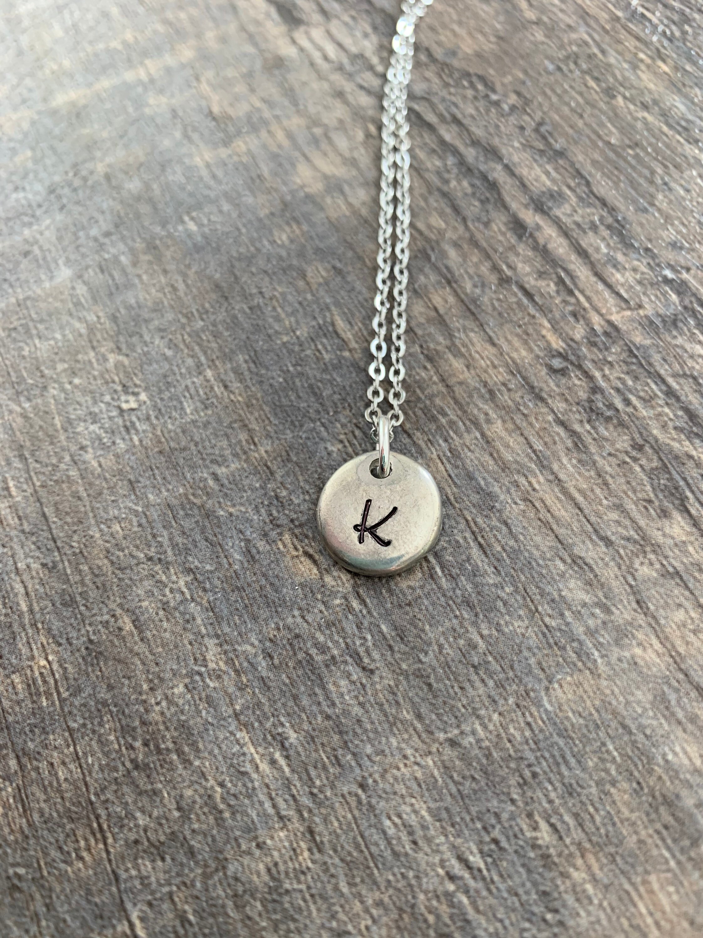 Custom Hand Stamped Pewter 1/2 inch Circle Necklace- Choose Your Phrase, and Chain, view 3