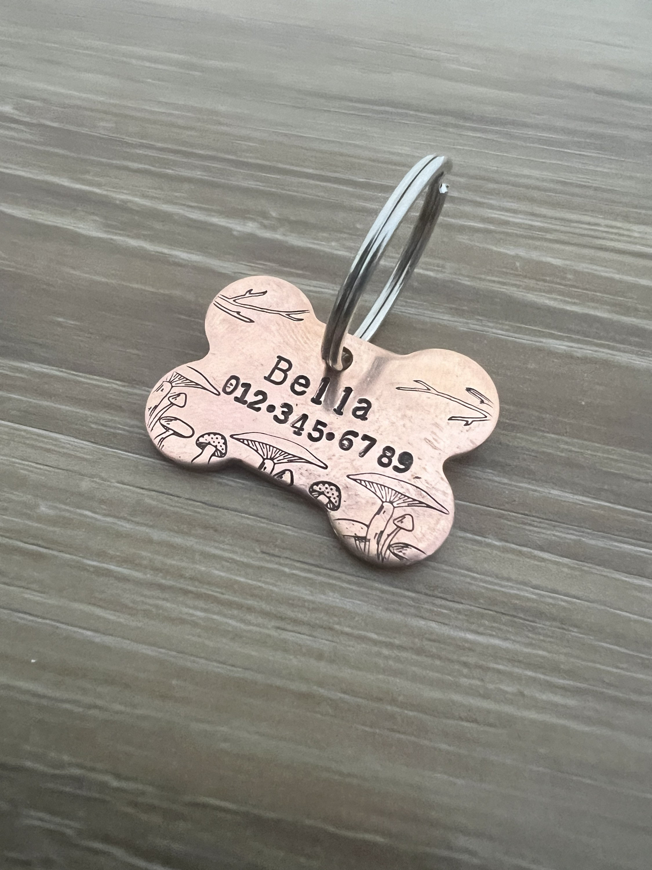 Custom Mushroom Forest Design Brass or Copper Dog Bone Pet ID Tag, view 4