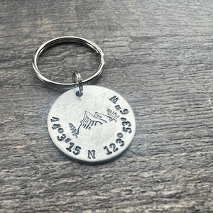 Custom Coordinates Keychain With Mountains Forest Design Hand Stamped Latitude Longitude Keychain image 2