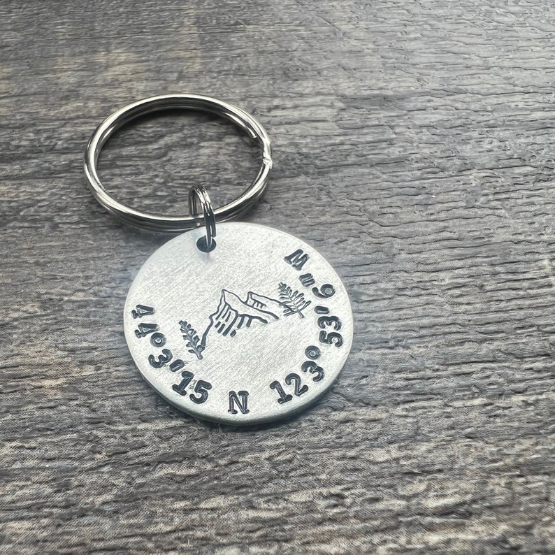 Custom Coordinates Keychain With Mountains Forest Design Hand Stamped Latitude Longitude Keychain image 2