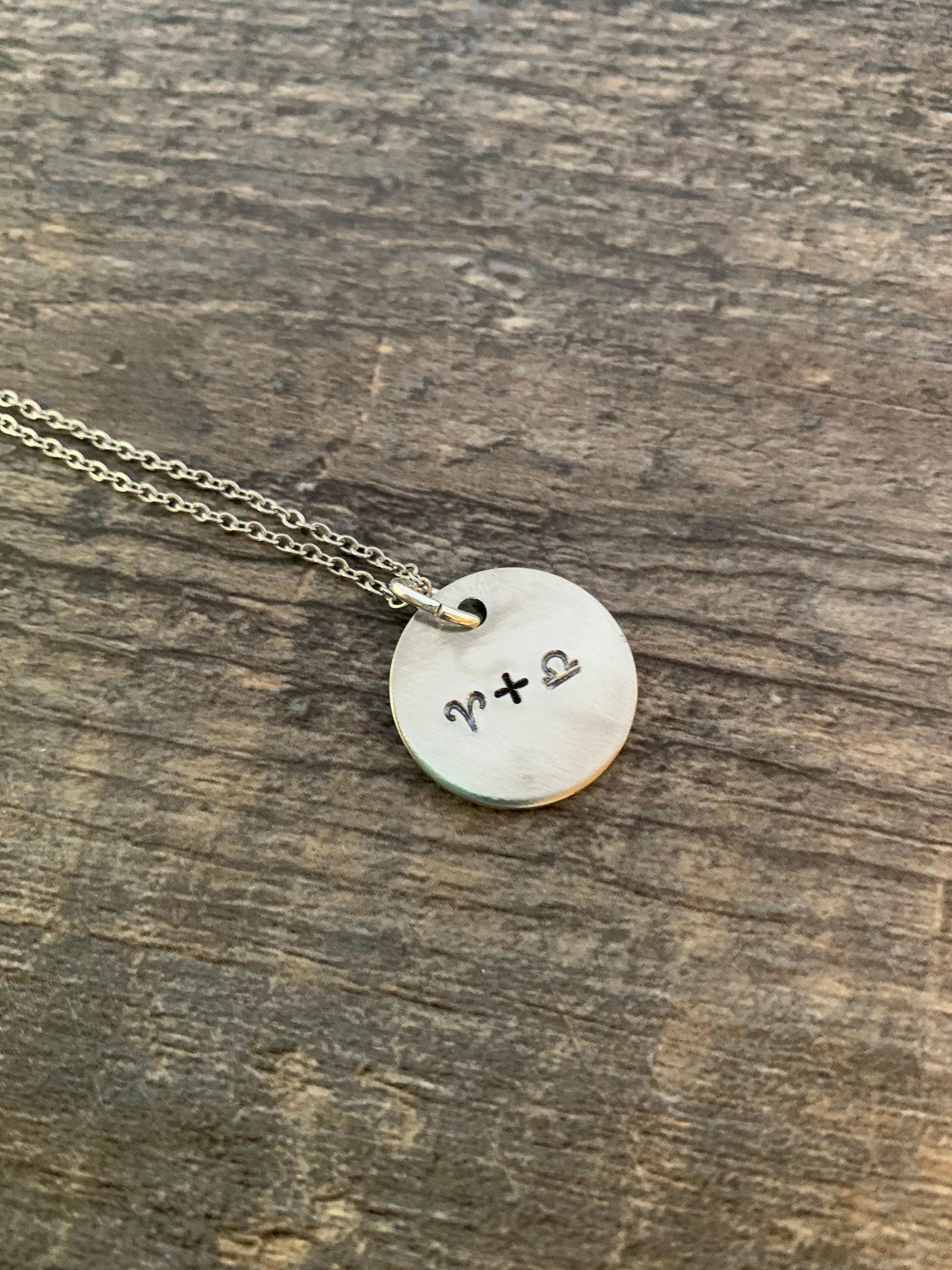 Hand Stamped Zodiac Symbol Couple Necklace: Custom Charm, view 2