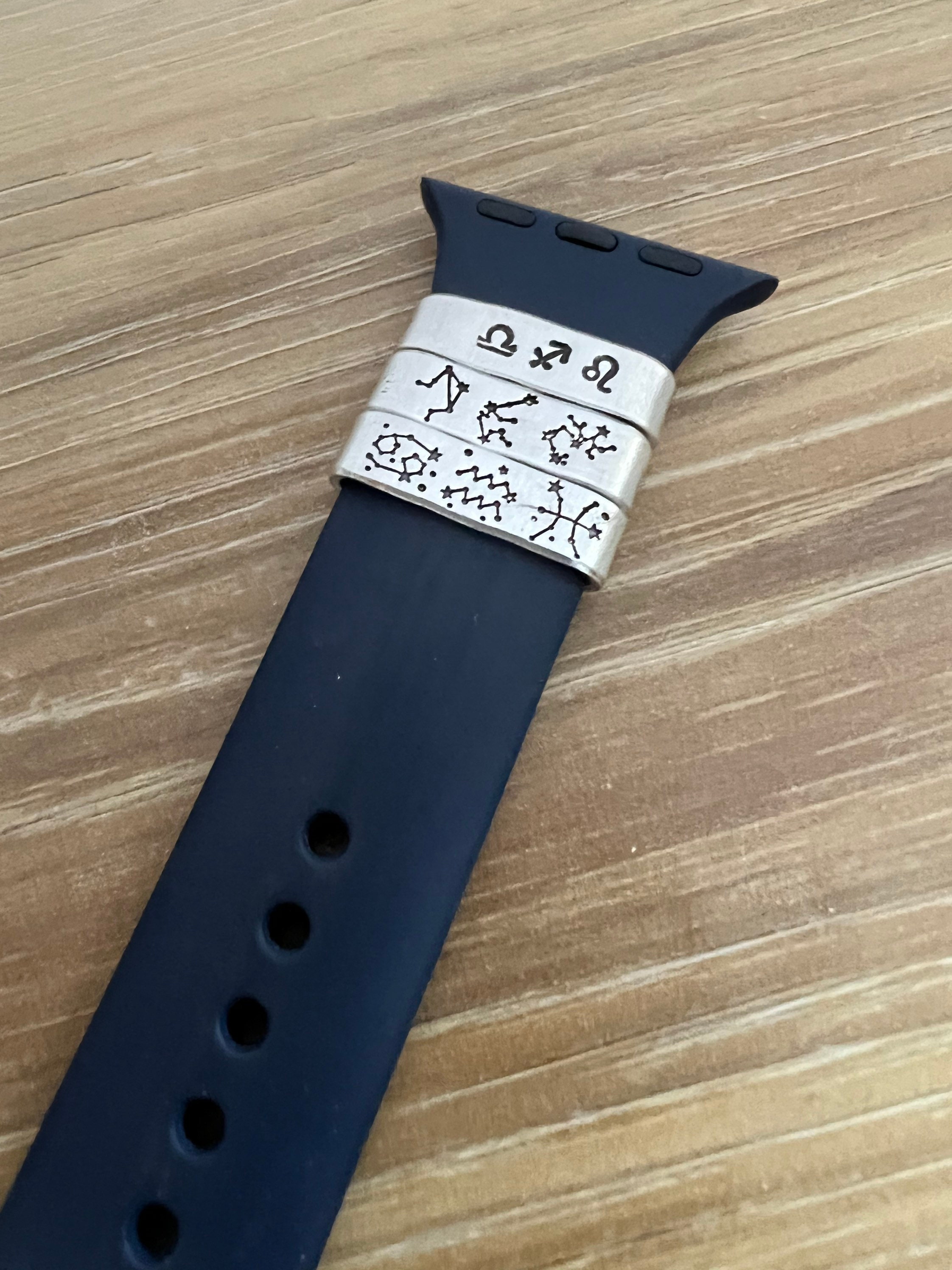 Hand Stamped Zodiac Watch Band Charm: Aluminum Sun Moon Rising Tag, view 3