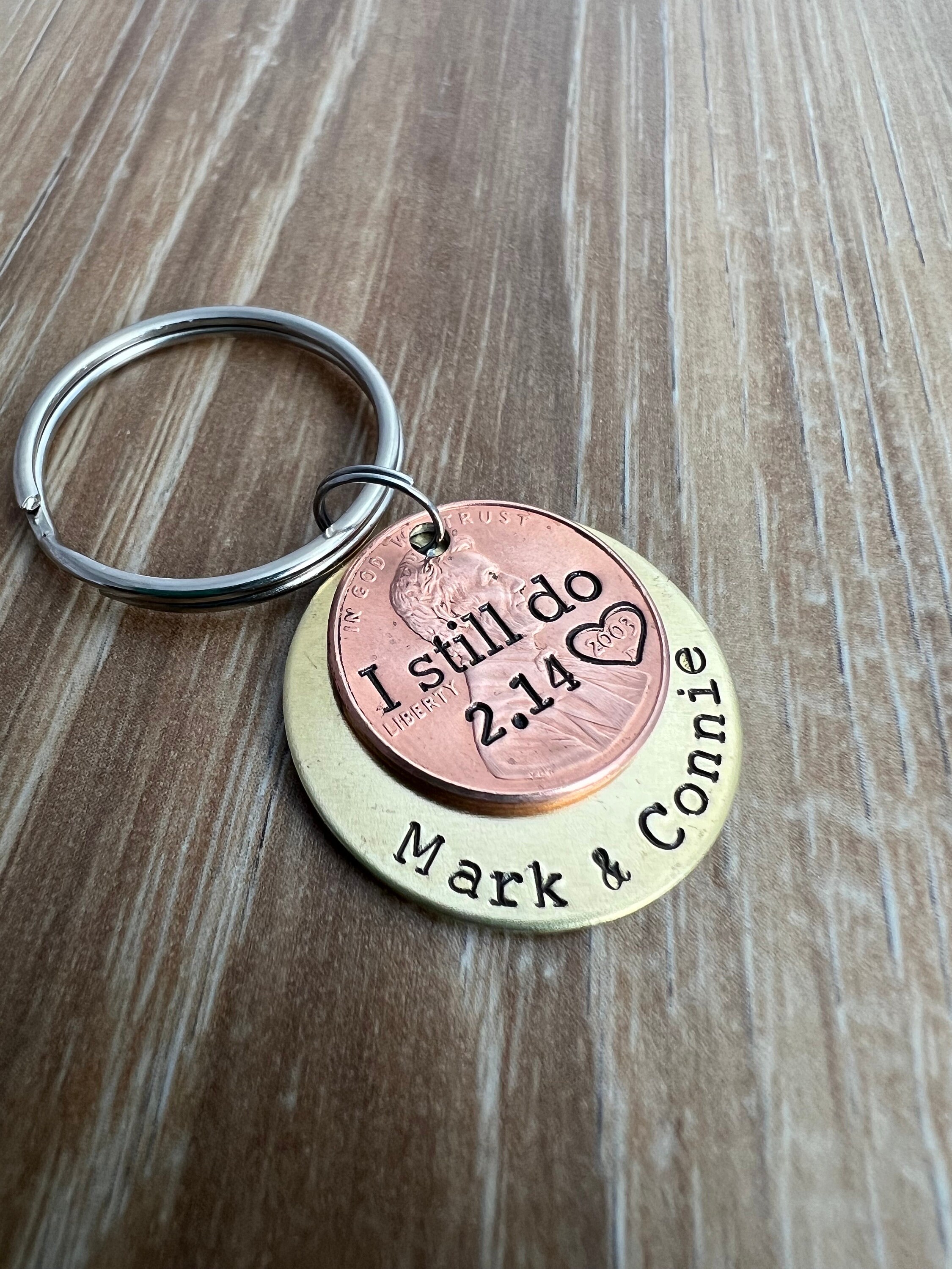 Hand Stamped Penny Keychain: 21st Anniversary Brass Gift, view 2