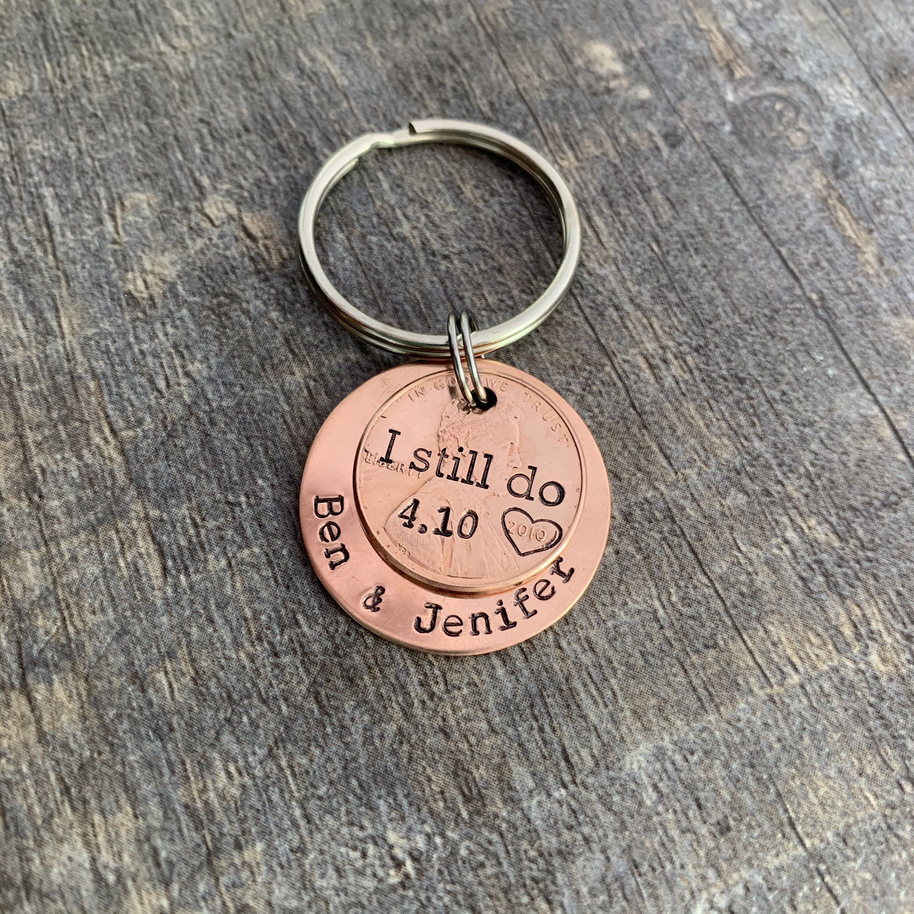 I Still Do Penny Keychain- Aluminum 10 Year Anniversary Wedding Couples Gift- Hand Stamped Circle Charm With Penny- You Choose the Year, view 5