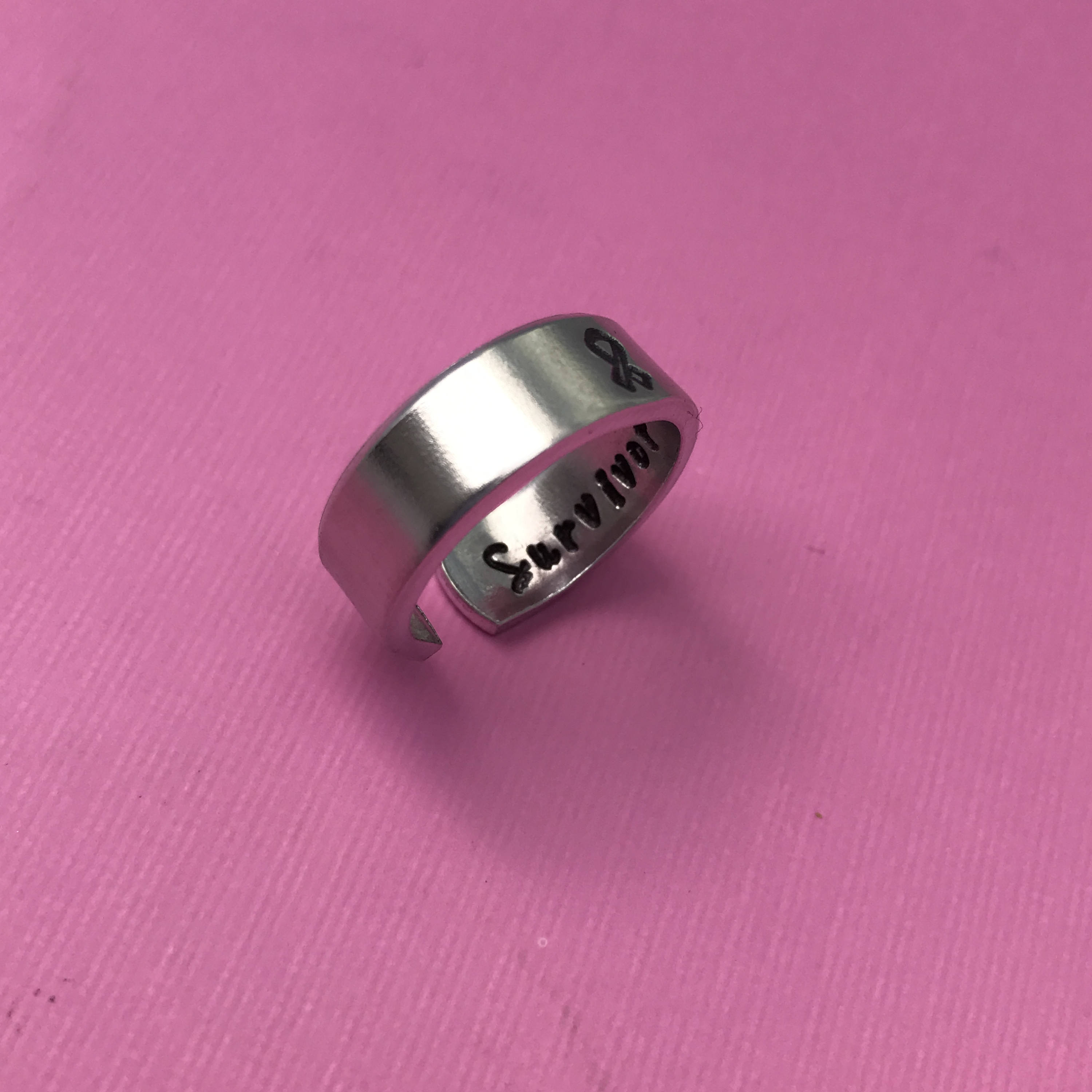 Cancer Survivor Ring- Awareness Ribbon- Hand Stamped Aluminum Ring- You Choose the Font, view 3