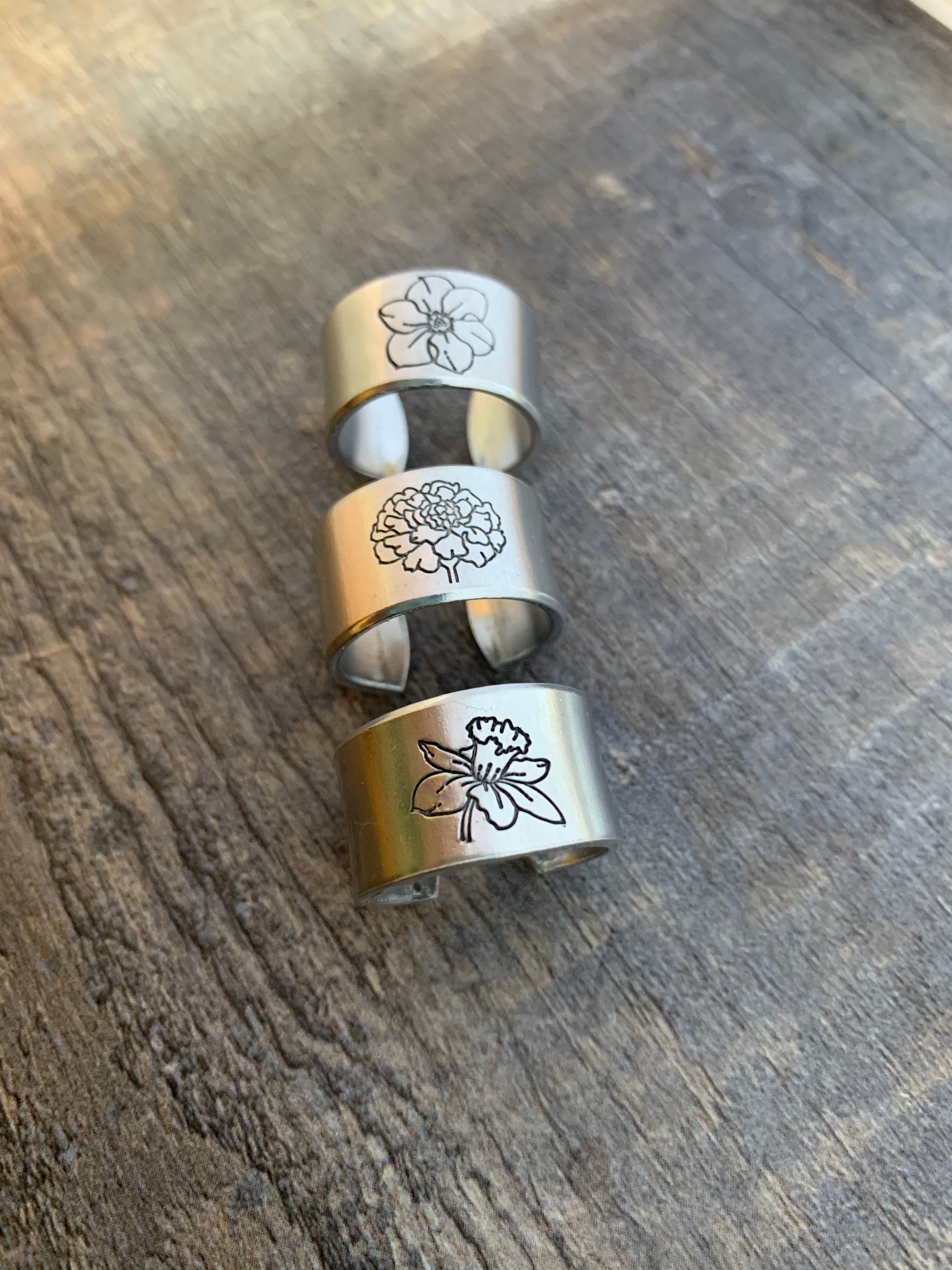 Birth Flower Hand Stamped Aluminum Ring