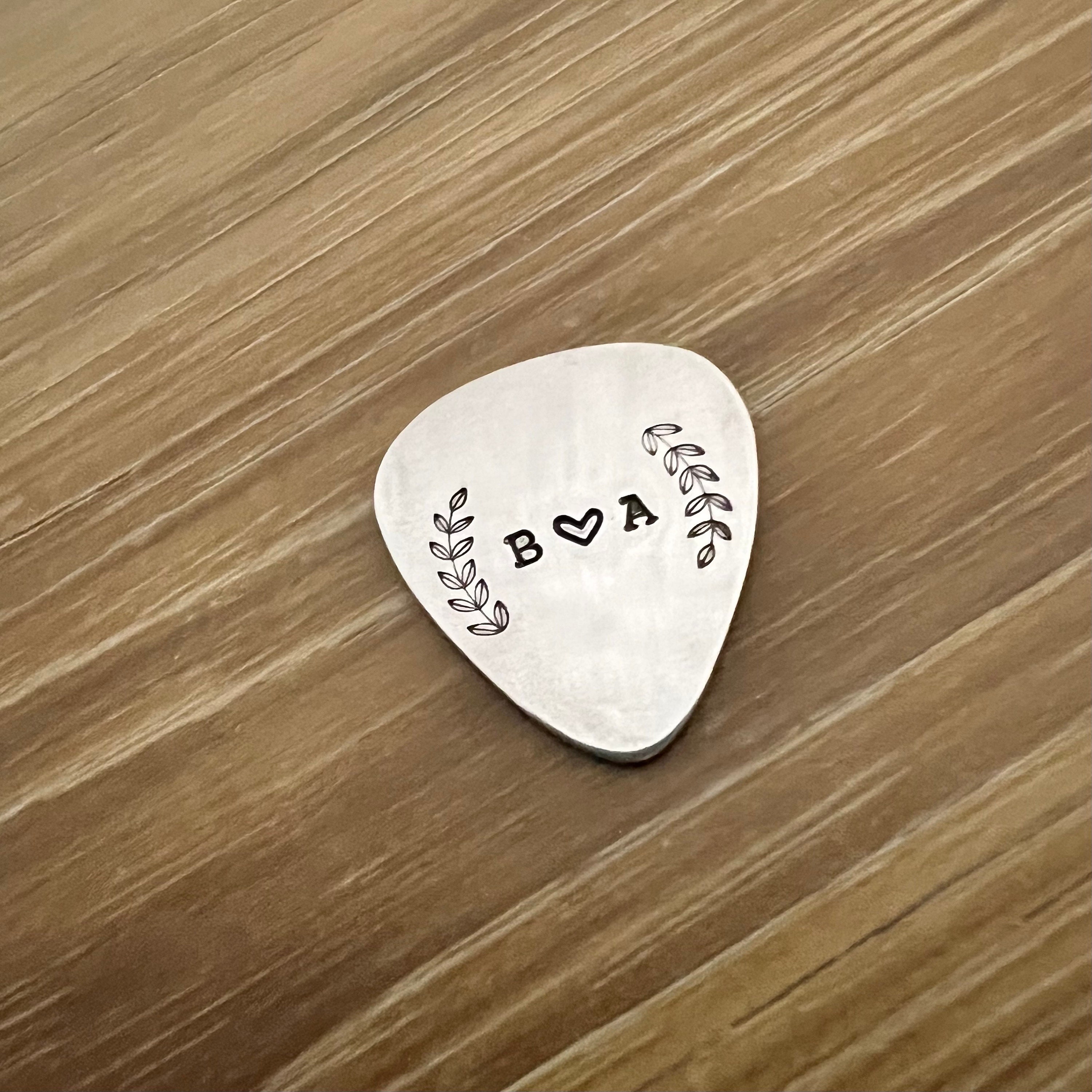 Personalized Initial Guitar Pick: Hand Stamped Brass, Copper, or Aluminum, view 2