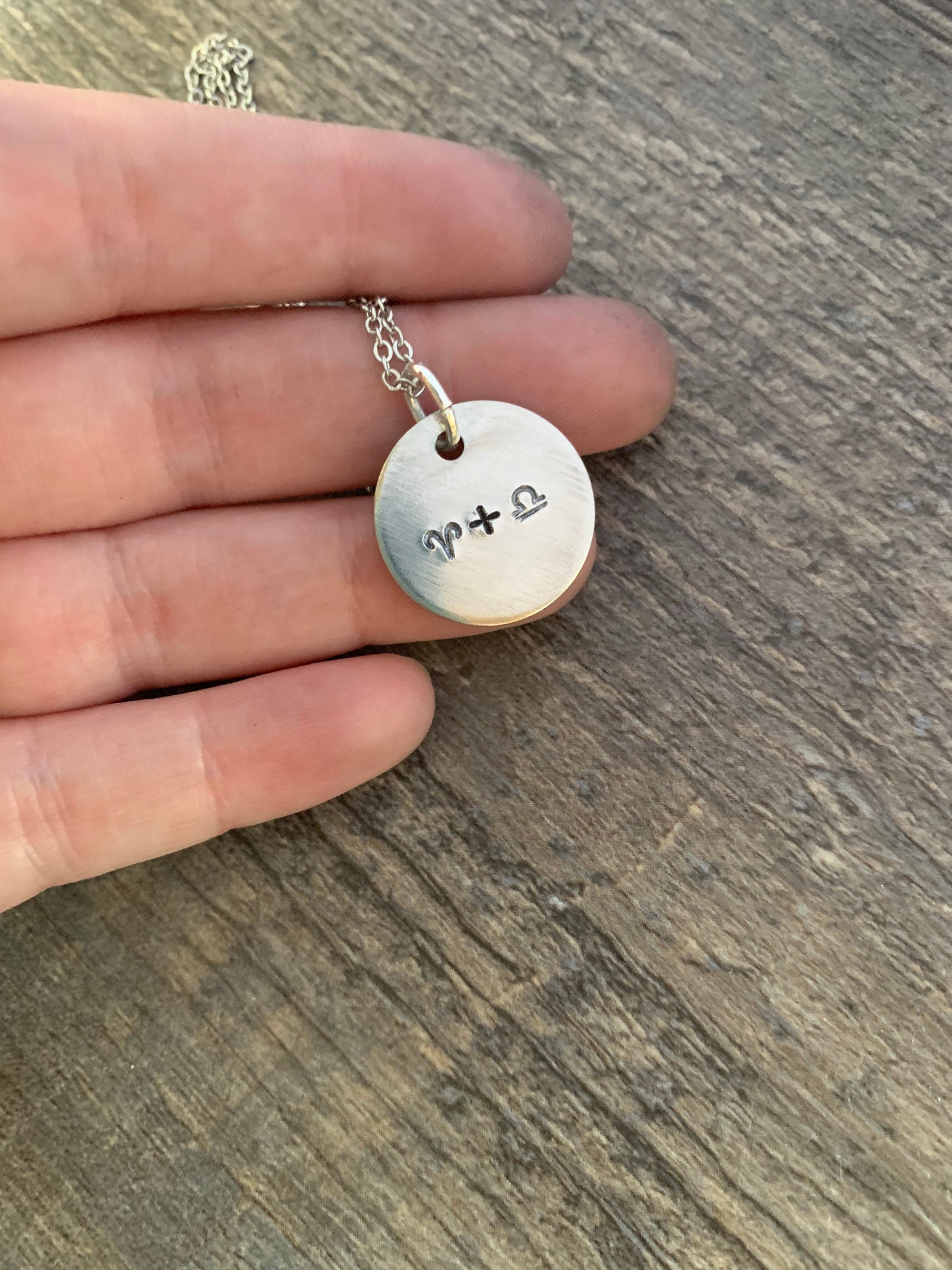 Hand Stamped Zodiac Symbol Couple Necklace: Custom Charm, view 3
