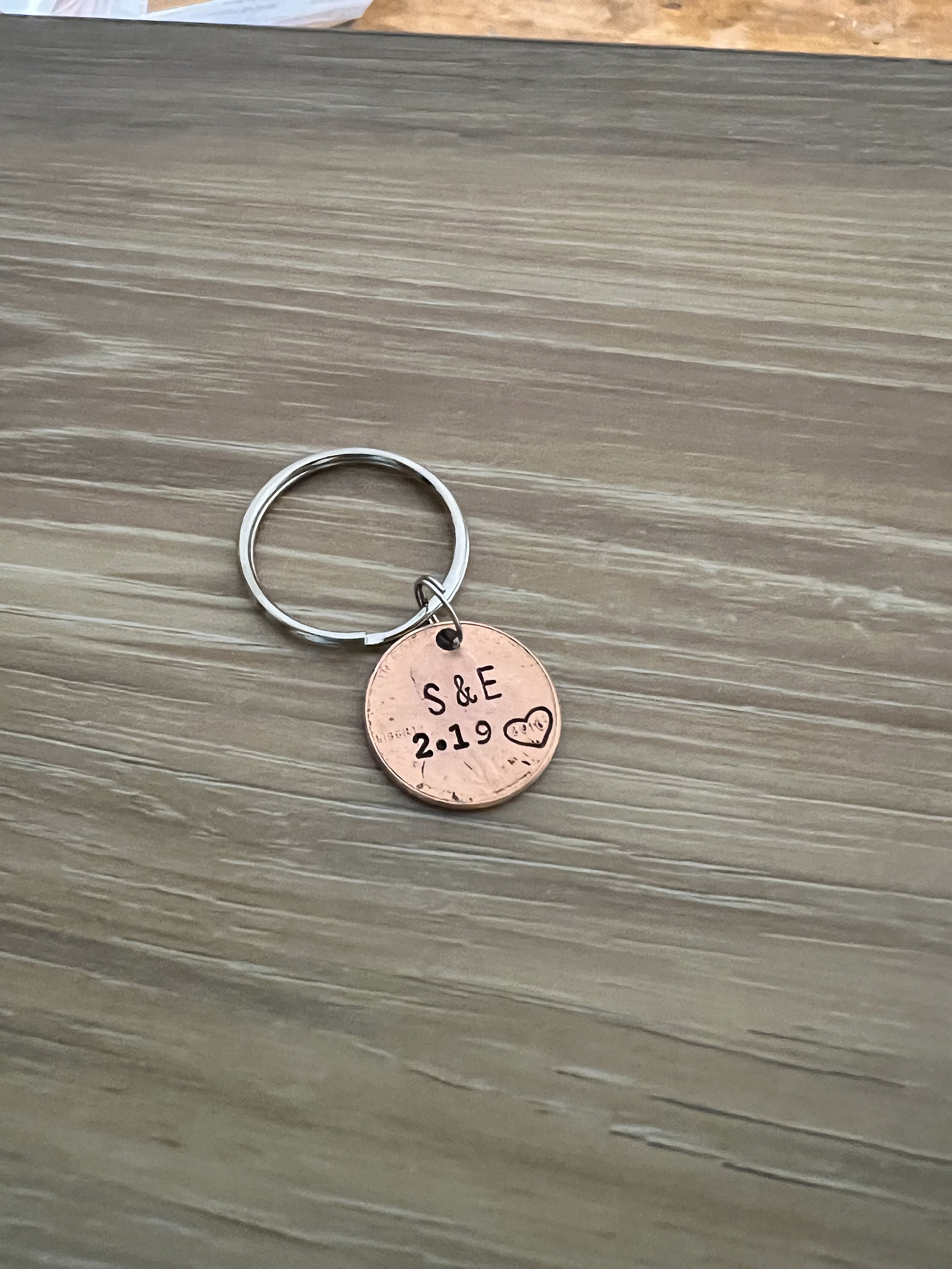 Hand Stamped Penny Keychain: Personalized Anniversary Date & Initials, view 2