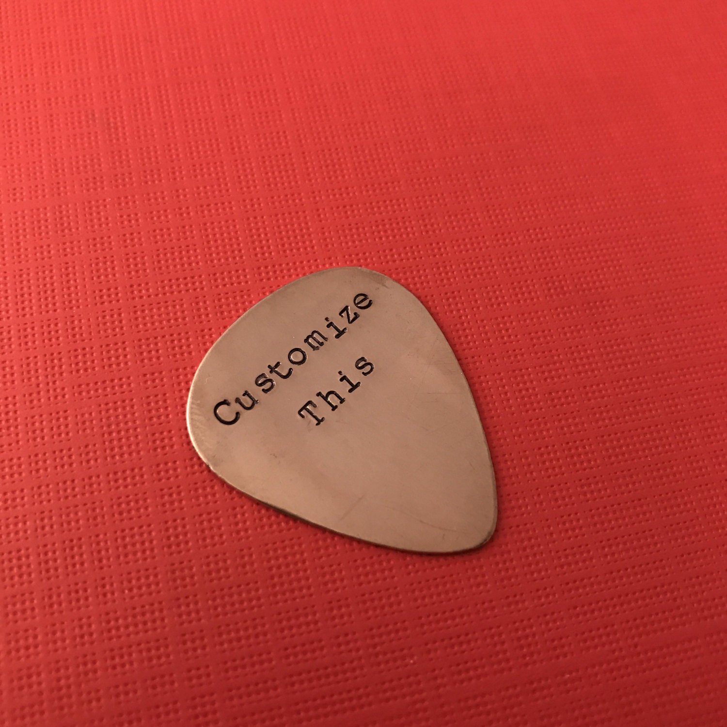 Custom Hand Stamped Copper Guitar Pick- Pick Your Own Phrase and Font, view 3