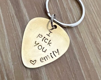 Hand Stamped Guitar Pick Keychain: Custom Name, Brass Copper Aluminum