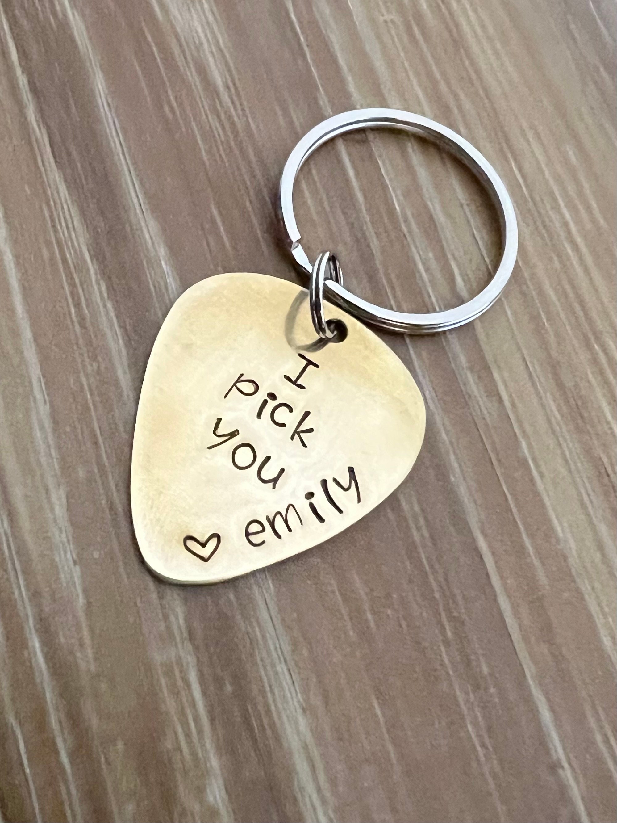 Hand Stamped Guitar Pick Keychain: Custom Name, Brass Copper Aluminum