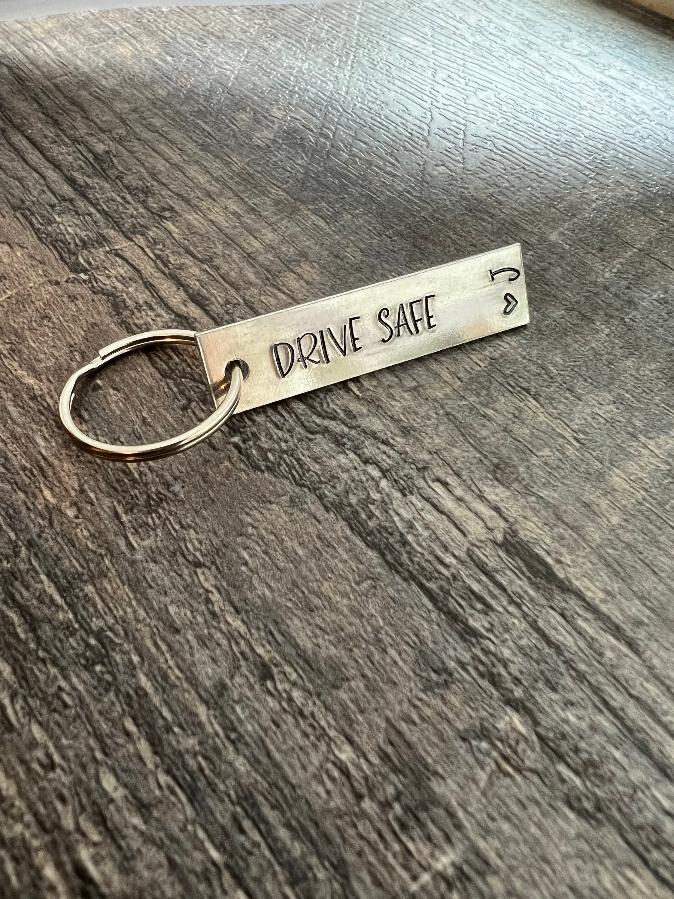 Custom Initials "Drive Safe" Hand Stamped Aluminum Keychain New Driver, Husband, Wife Gift, view 2