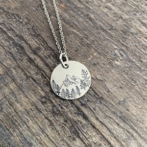 Mountain and Forest Necklace- Hand Stamped Aluminum, Copper, or Brass Charm Necklace