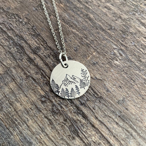 Mountain and Forest Necklace- Hand Stamped Aluminum, Copper, or Brass Charm Necklace