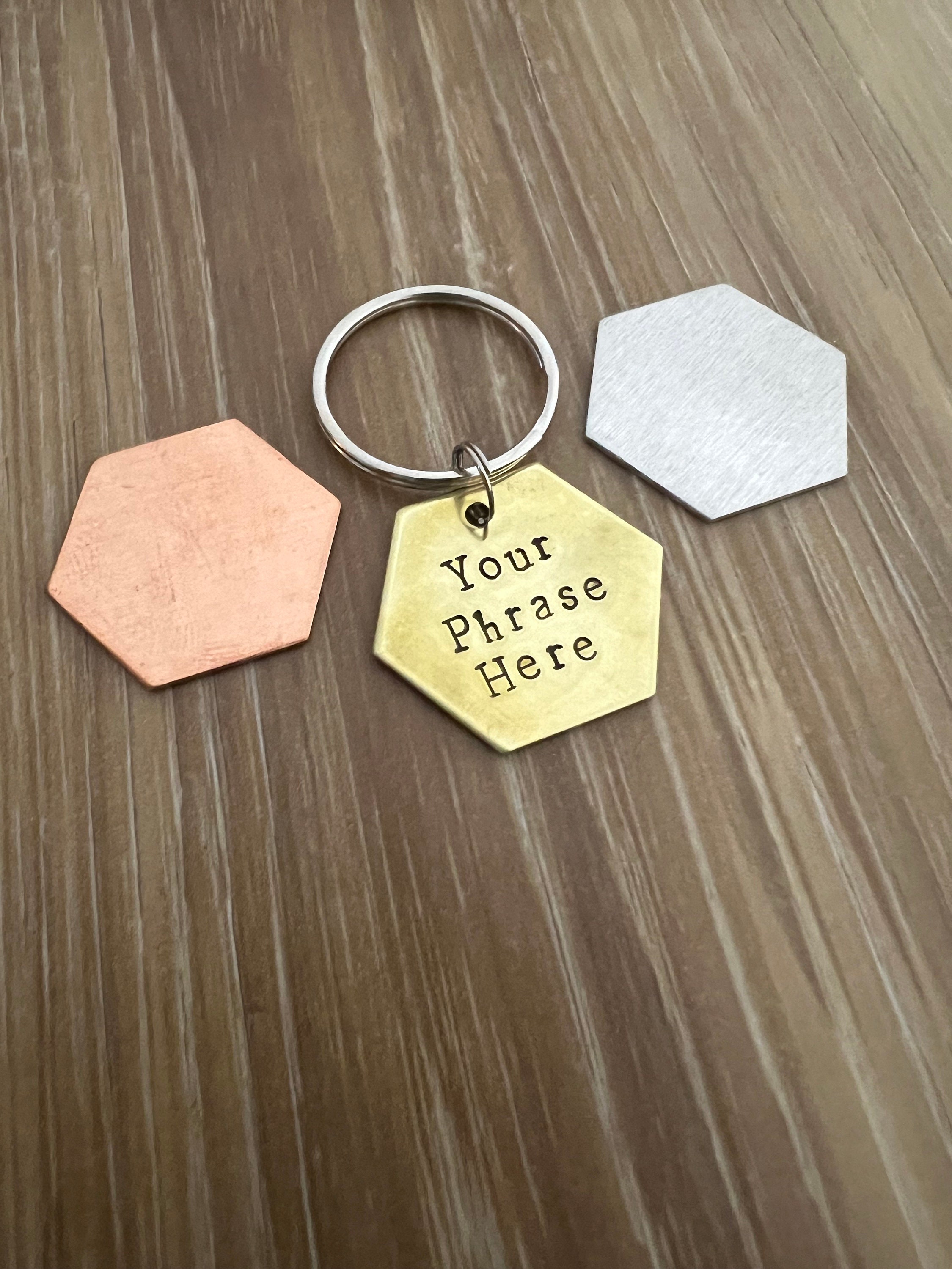 Personalized Hand Stamped 1" Hexagon Geometric Keychains- You Personalize- In Aluminum, Brass, or Copper, view 2