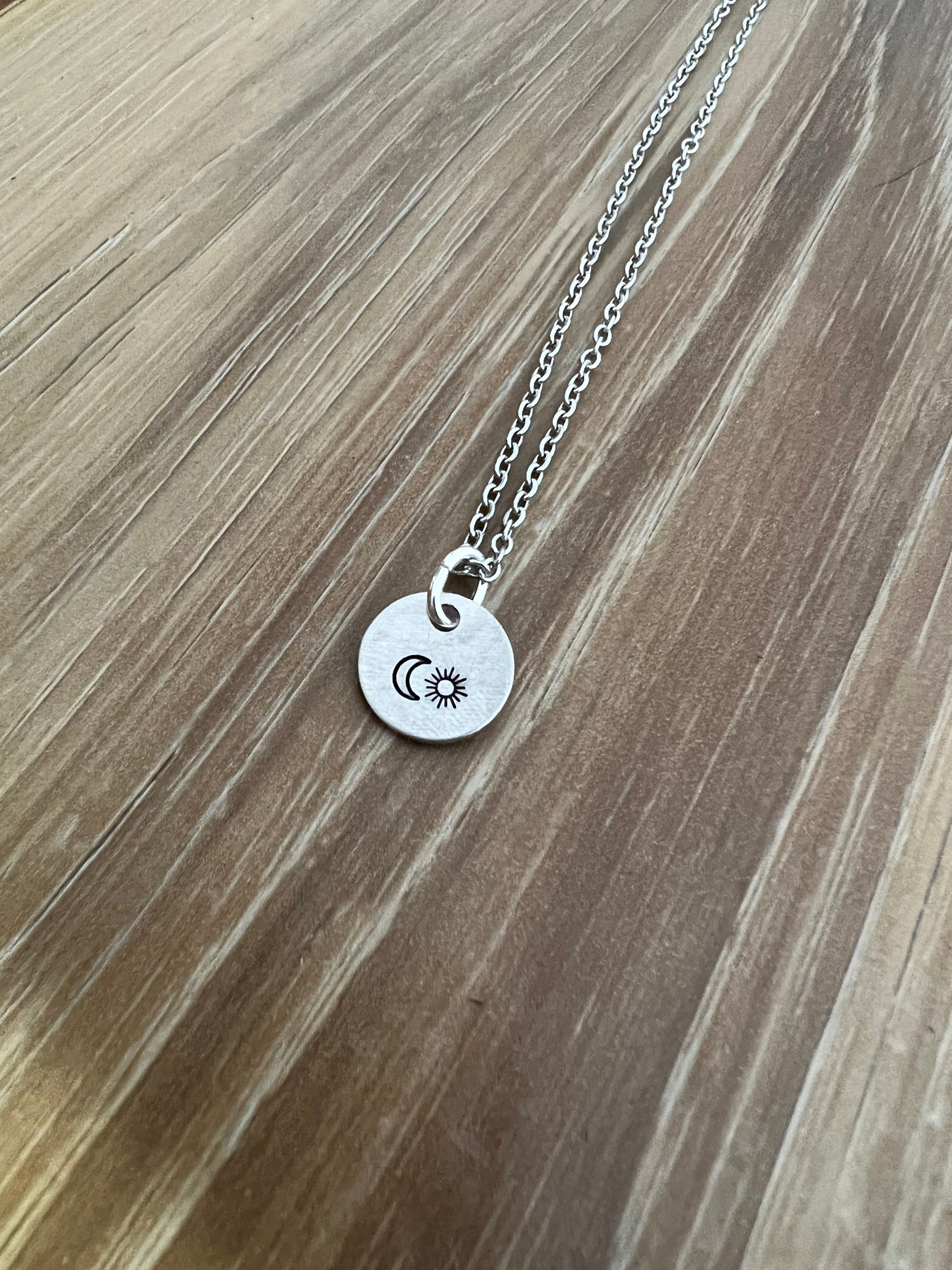Sun and Moon Charm Necklace- Hand Stamped, view 2