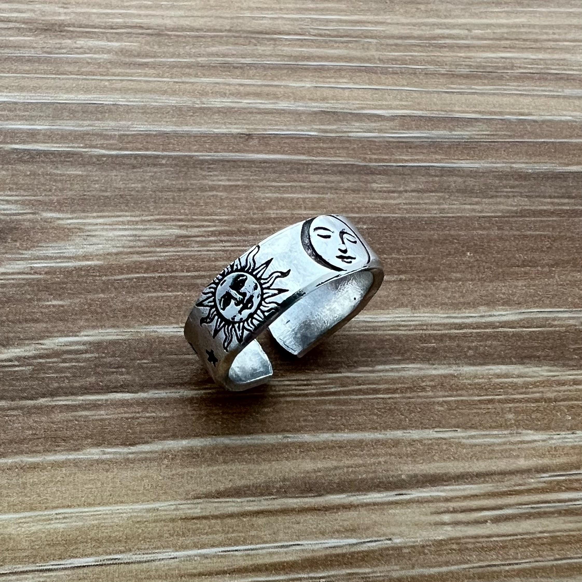Sun and Moon Face Ring- Hand Stamped Aluminum Ring, view 2