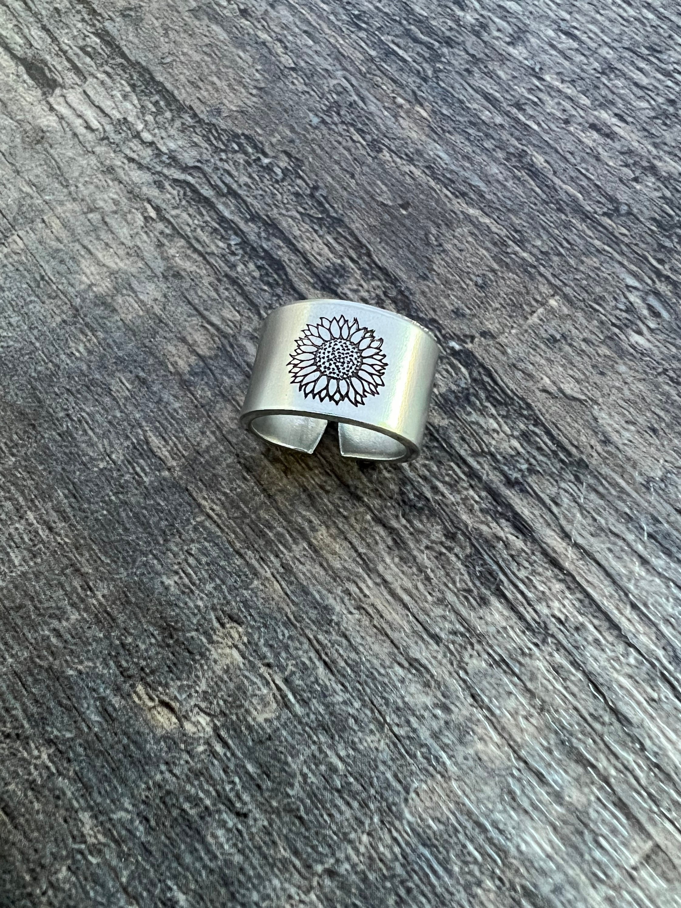 Sunflower Hand Stamped Aluminum Ring, view 3