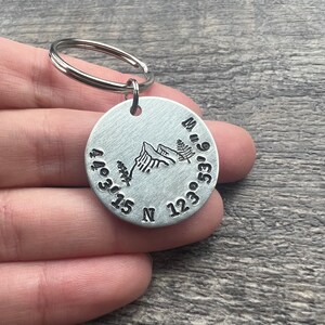 Custom Coordinates Keychain With Mountains Forest Design Hand Stamped Latitude Longitude Keychain image 3