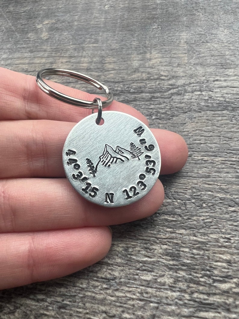 Custom Coordinates Keychain With Mountains Forest Design Hand Stamped Latitude Longitude Keychain image 3