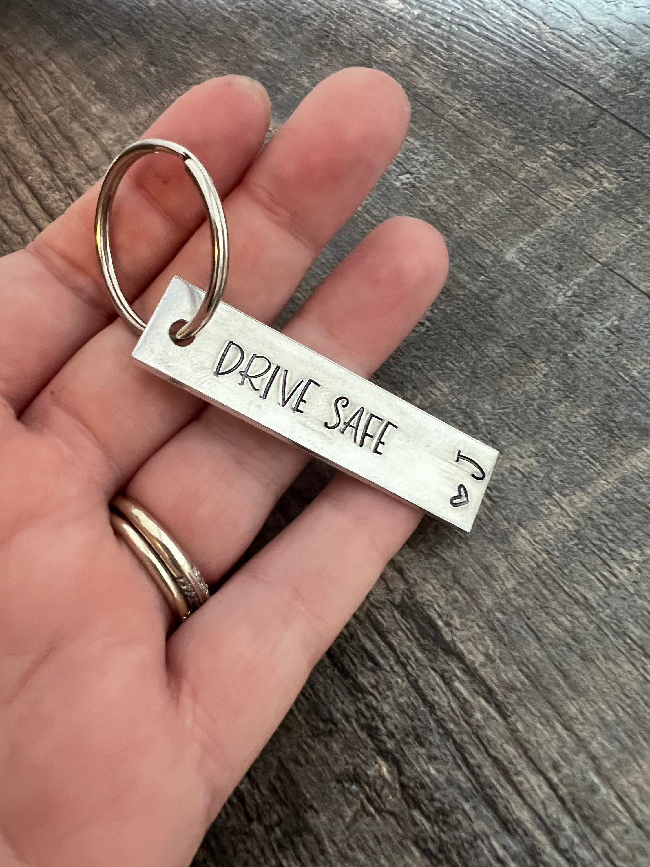 Custom Initials "Drive Safe" Hand Stamped Aluminum Keychain New Driver, Husband, Wife Gift, view 3