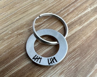Tally Mark Keychain for 10 Year Anniversary- Hand Stamped Aluminum Washer Keychain 10th Anniversary Gift for Him