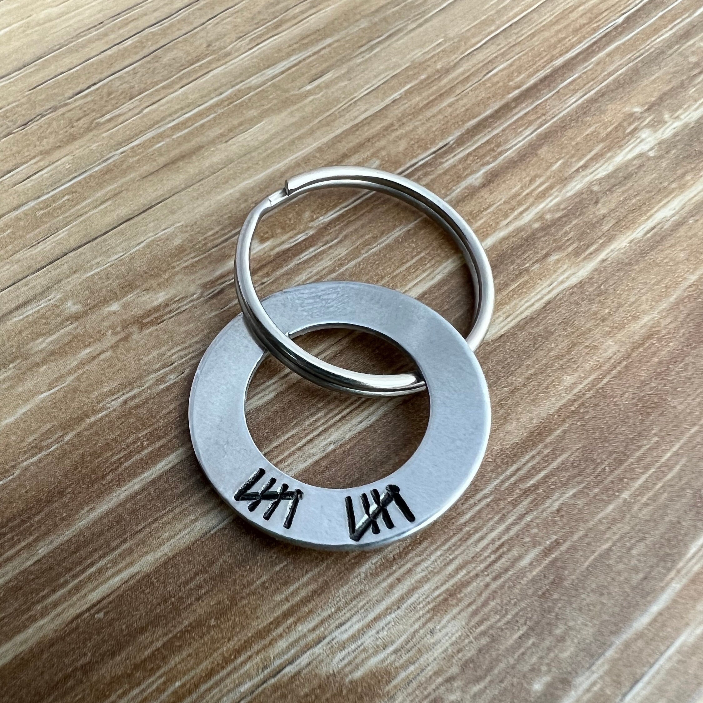 Tally Mark Keychain for 10 Year Anniversary- Hand Stamped Aluminum Washer Keychain 10th Anniversary Gift for Him
